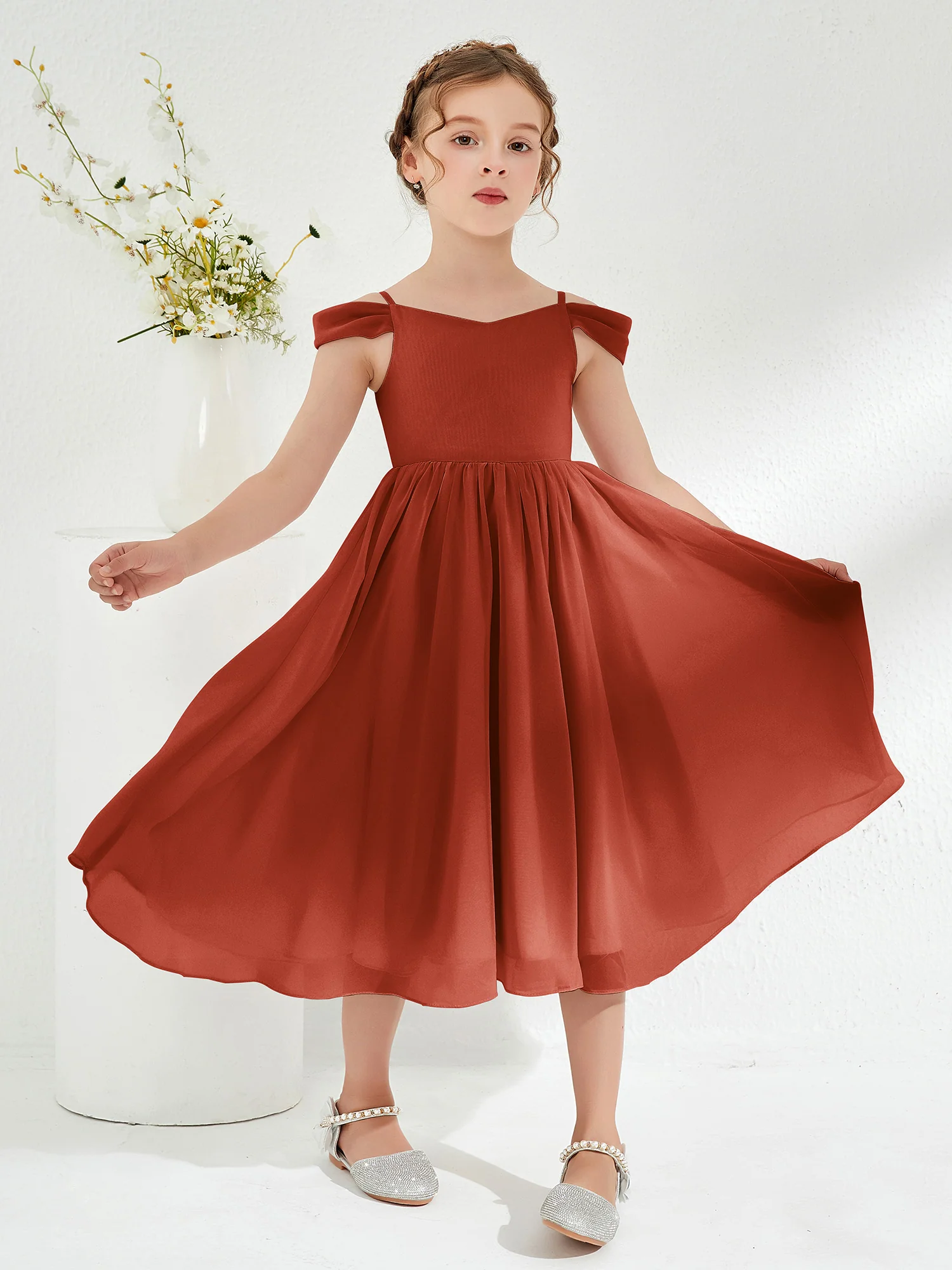Off-the-shoulder Pleated Girl's Dress Rust
