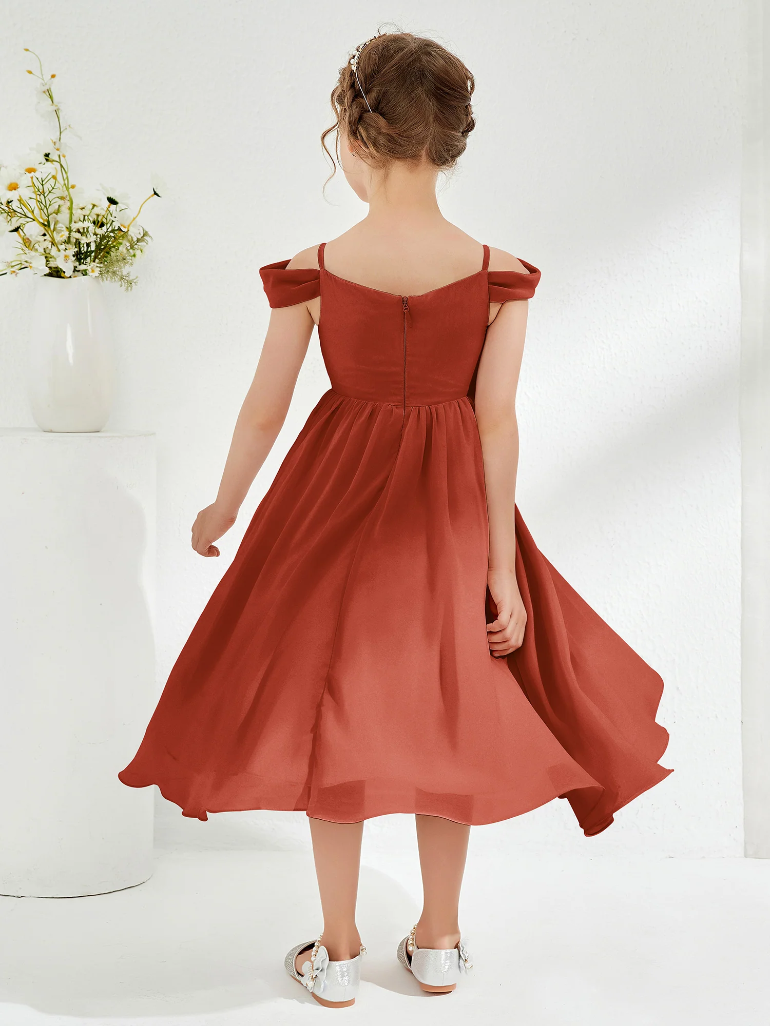 Off-the-shoulder Pleated Girl's Dress Rust - Image 2