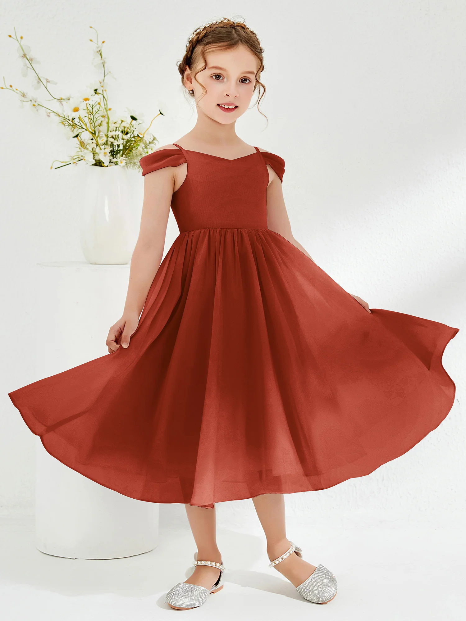 Off-the-shoulder Pleated Girl's Dress Rust - Image 3