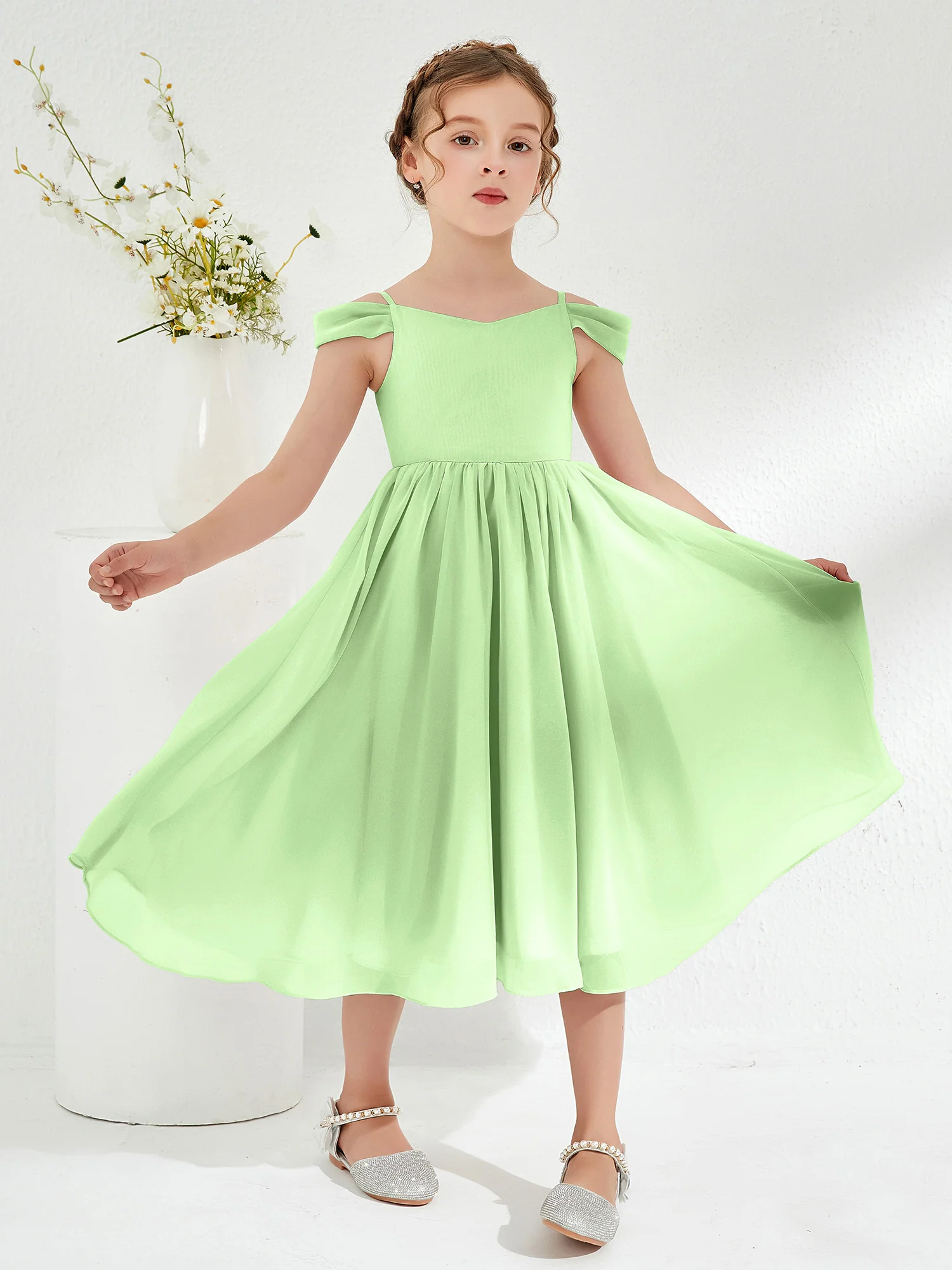 Off-the-shoulder Pleated Girl's Dress Sage
