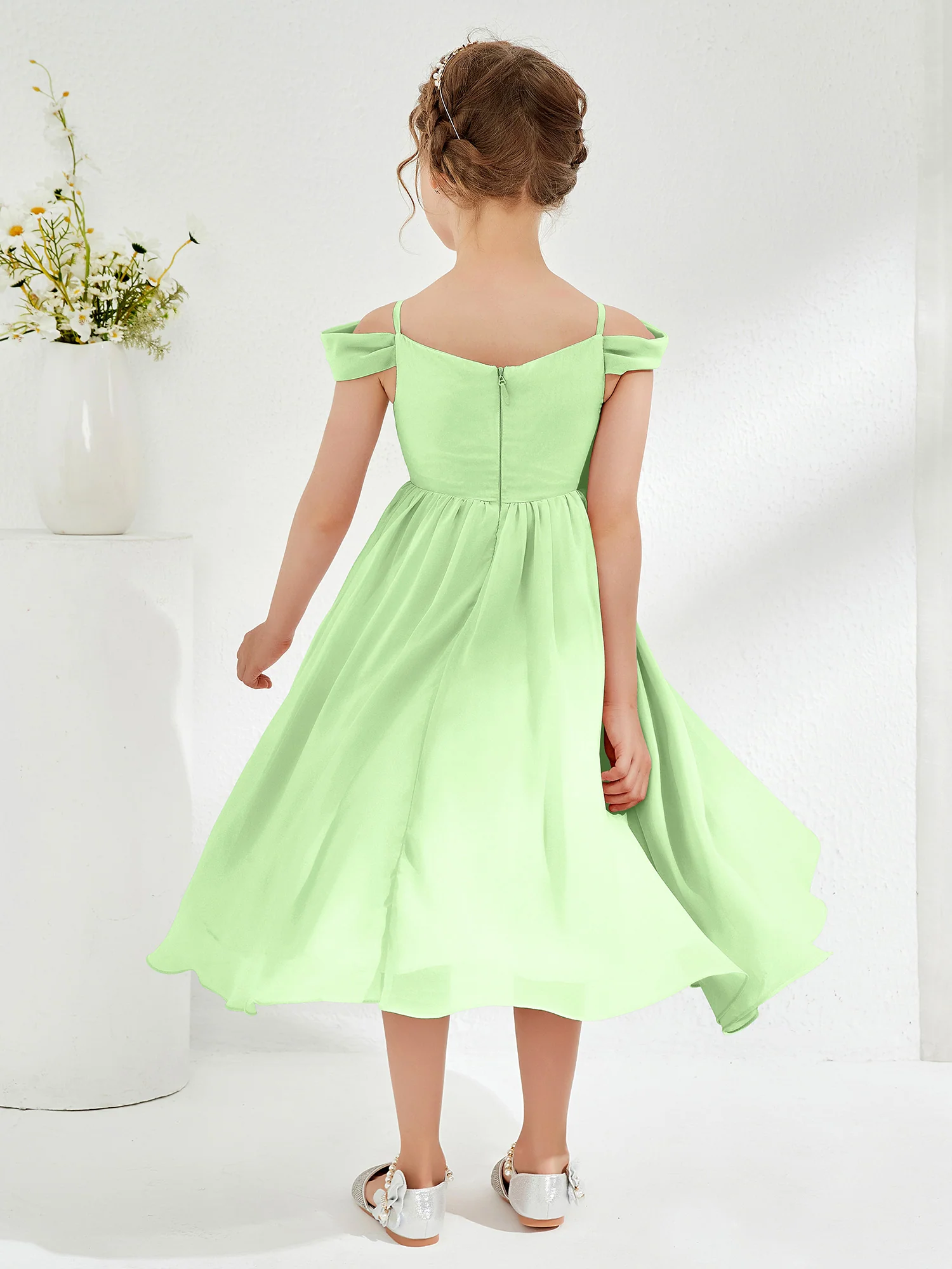 Off-the-shoulder Pleated Girl's Dress Sage - Image 2