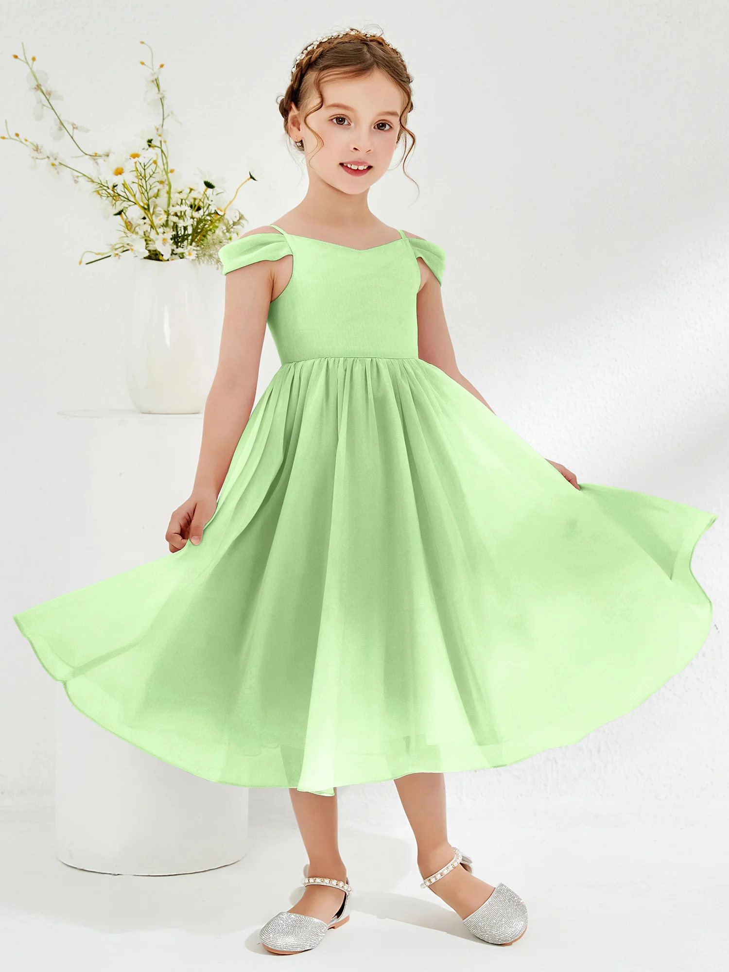 Off-the-shoulder Pleated Girl's Dress Sage - Image 3