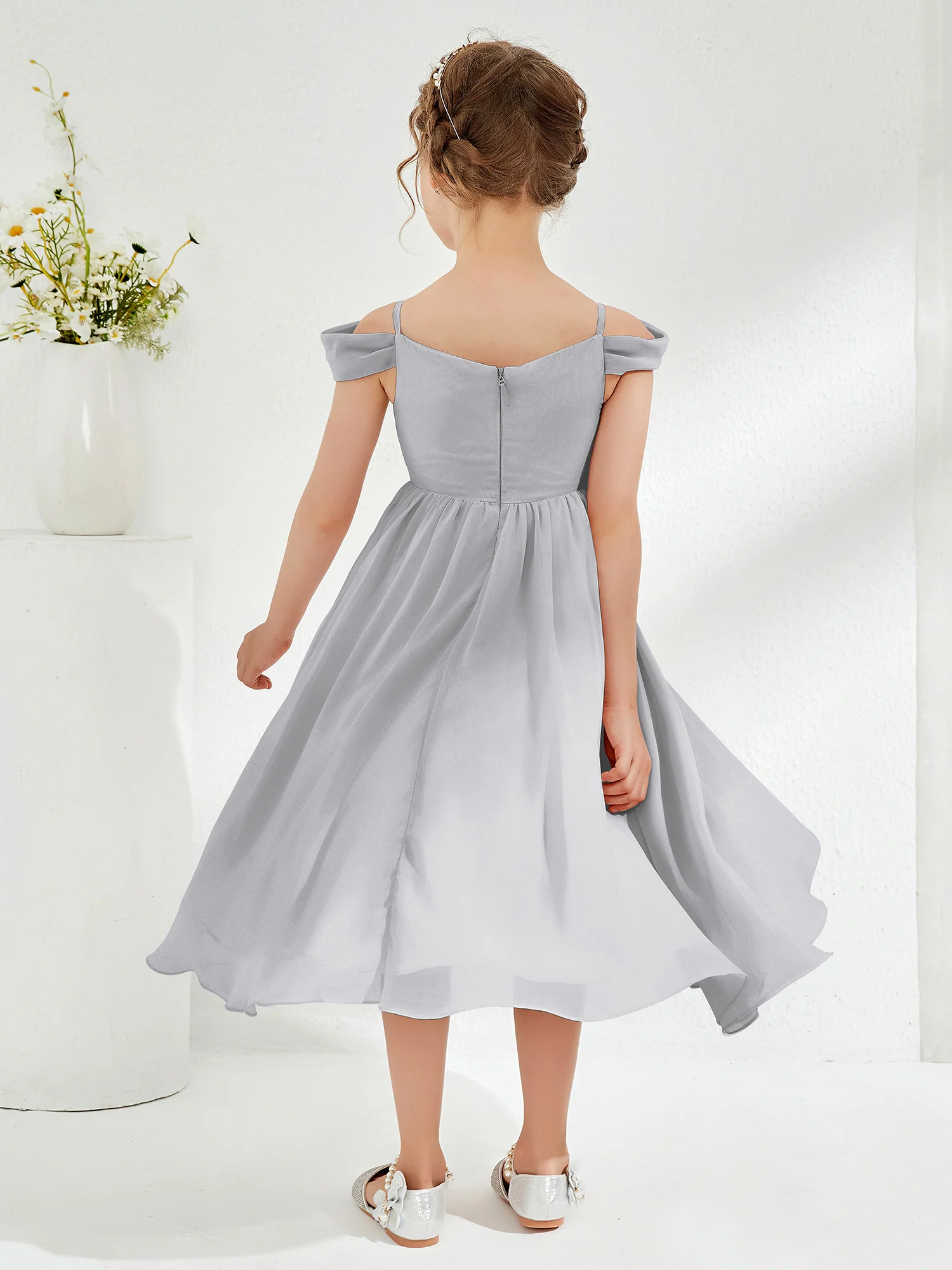 Off-the-shoulder Pleated Girl's Dress Silver - Image 2