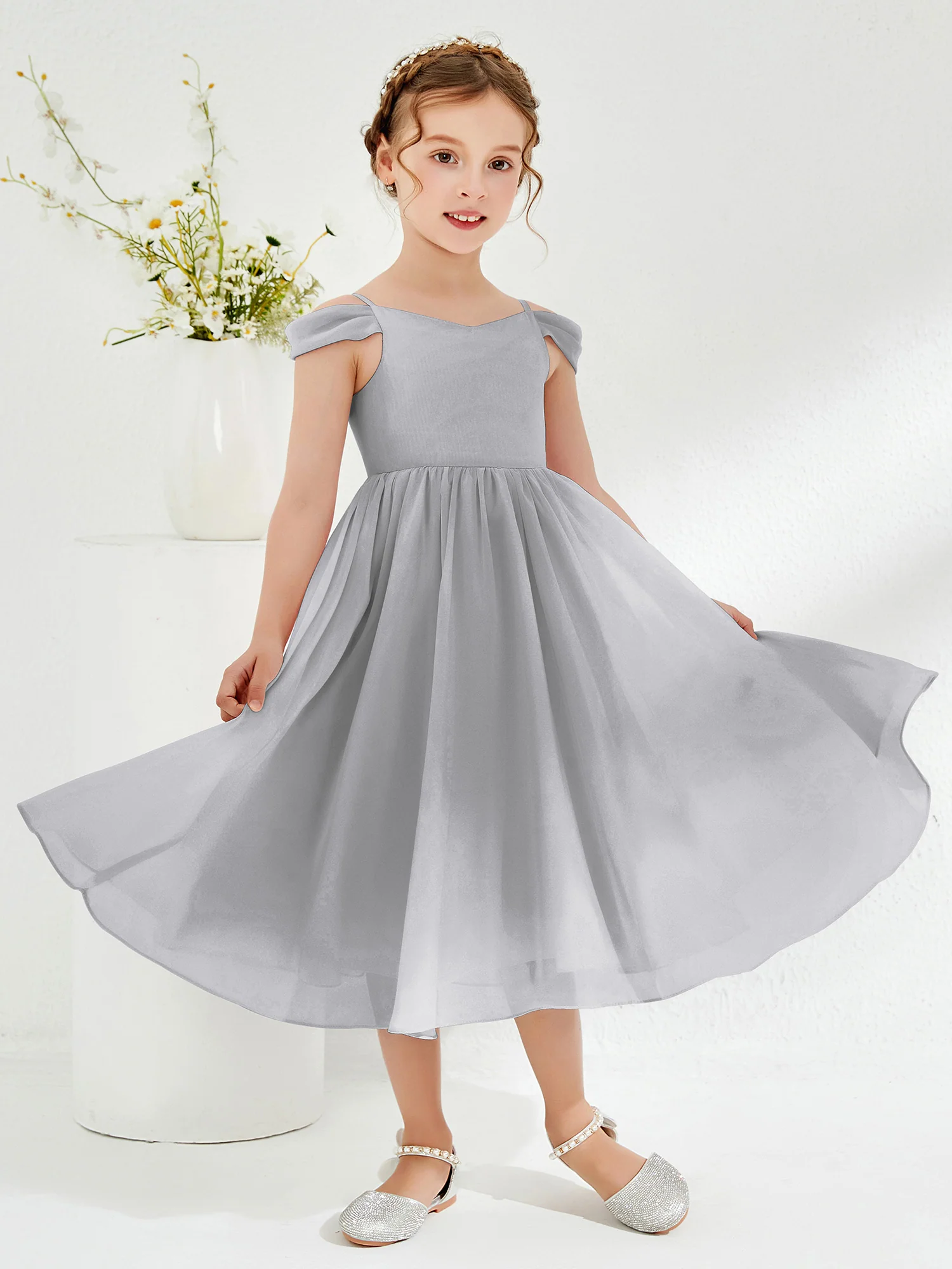 Off-the-shoulder Pleated Girl's Dress Silver - Image 3