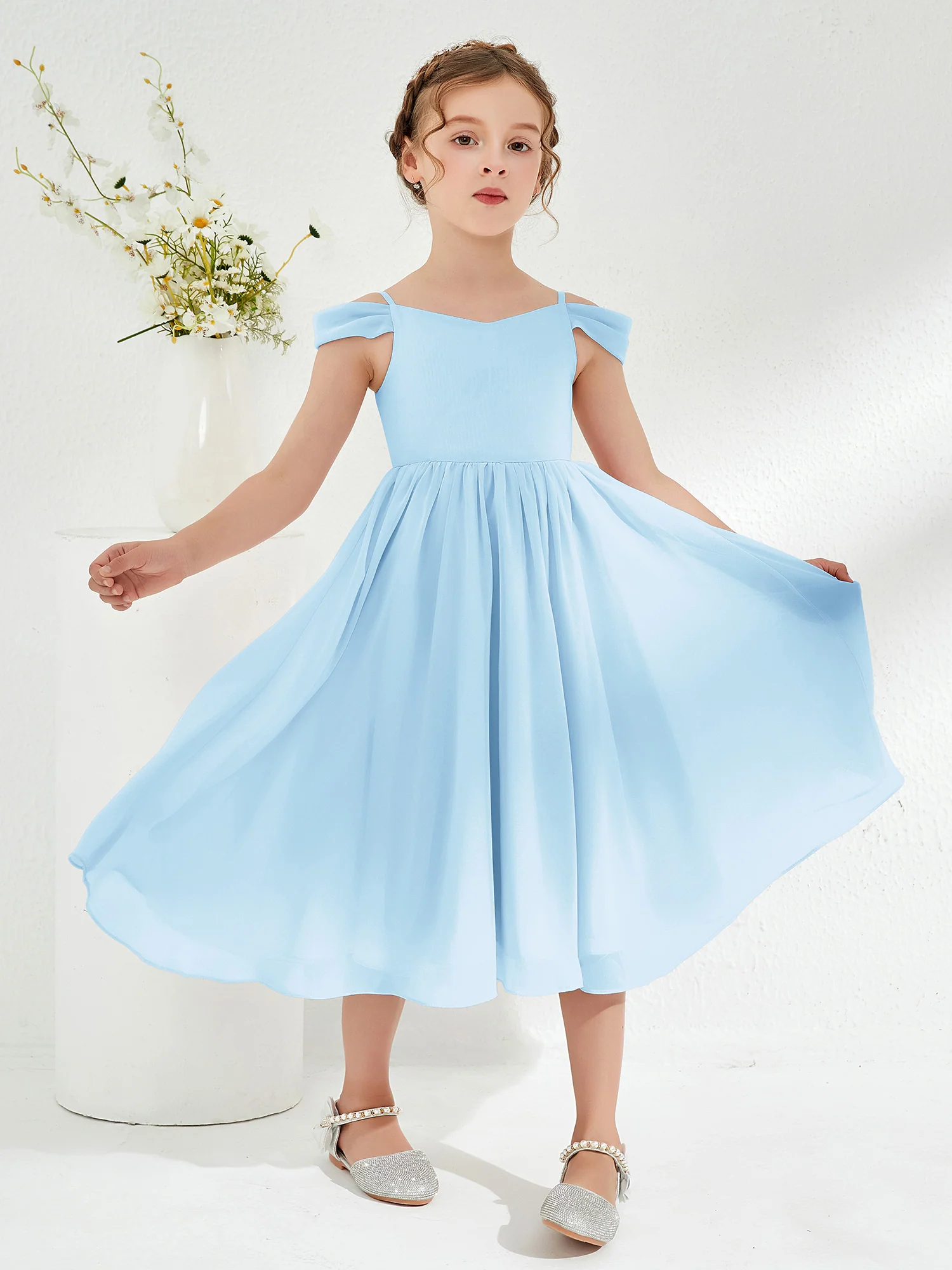 Off-the-shoulder Pleated Girl's Dress Sky Blue