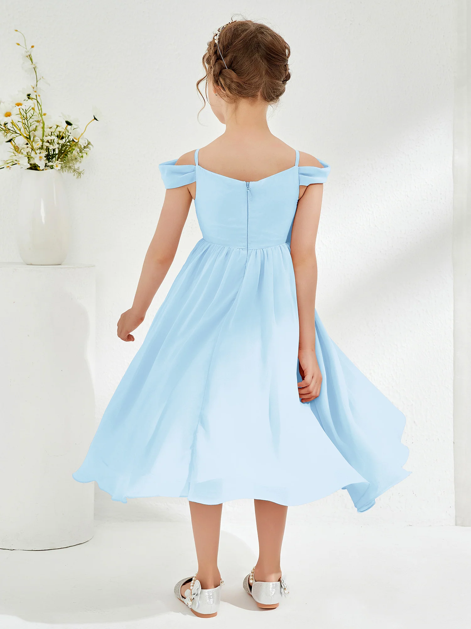 Off-the-shoulder Pleated Girl's Dress Sky Blue - Image 2
