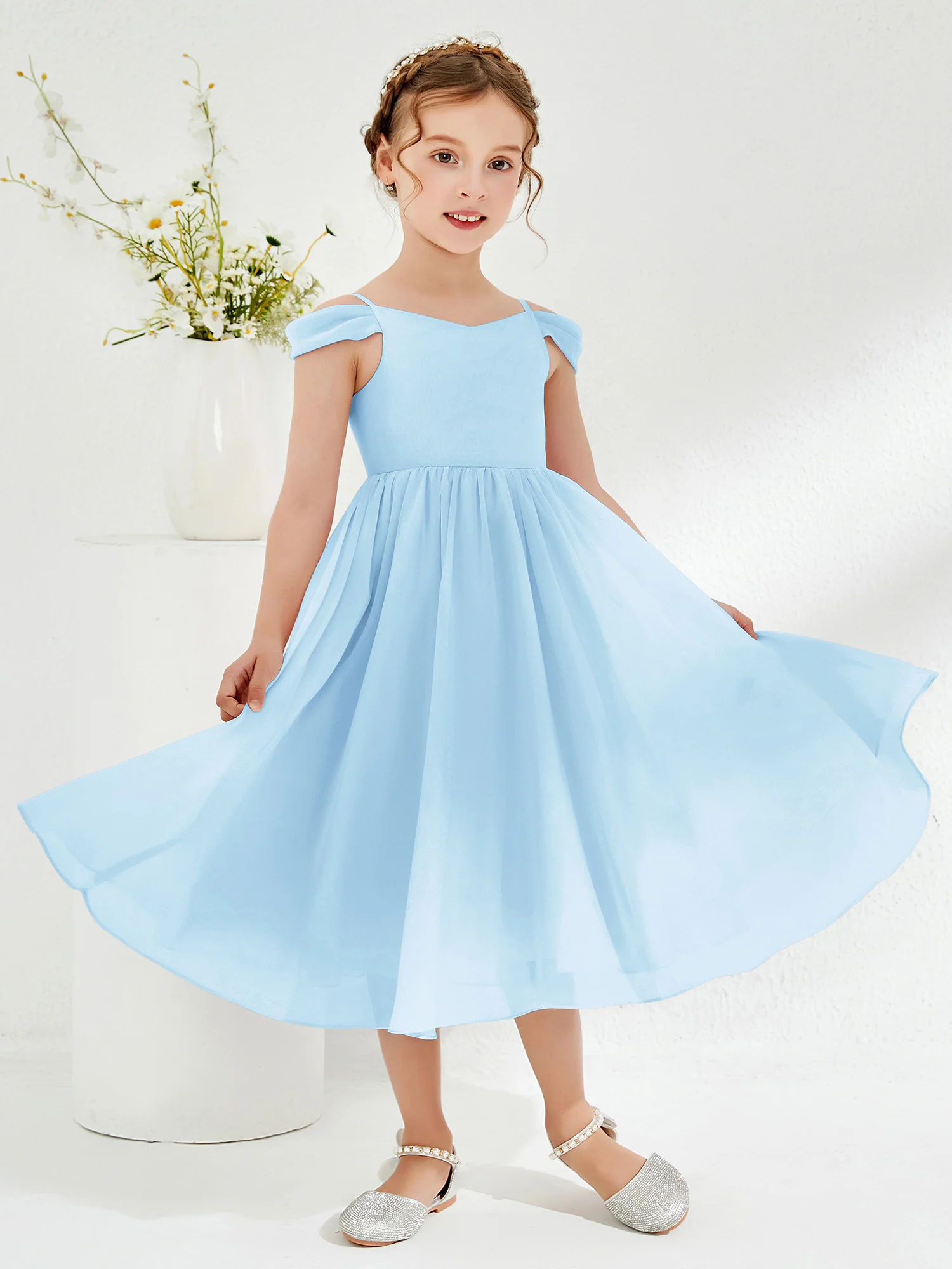 Off-the-shoulder Pleated Girl's Dress Sky Blue - Image 3