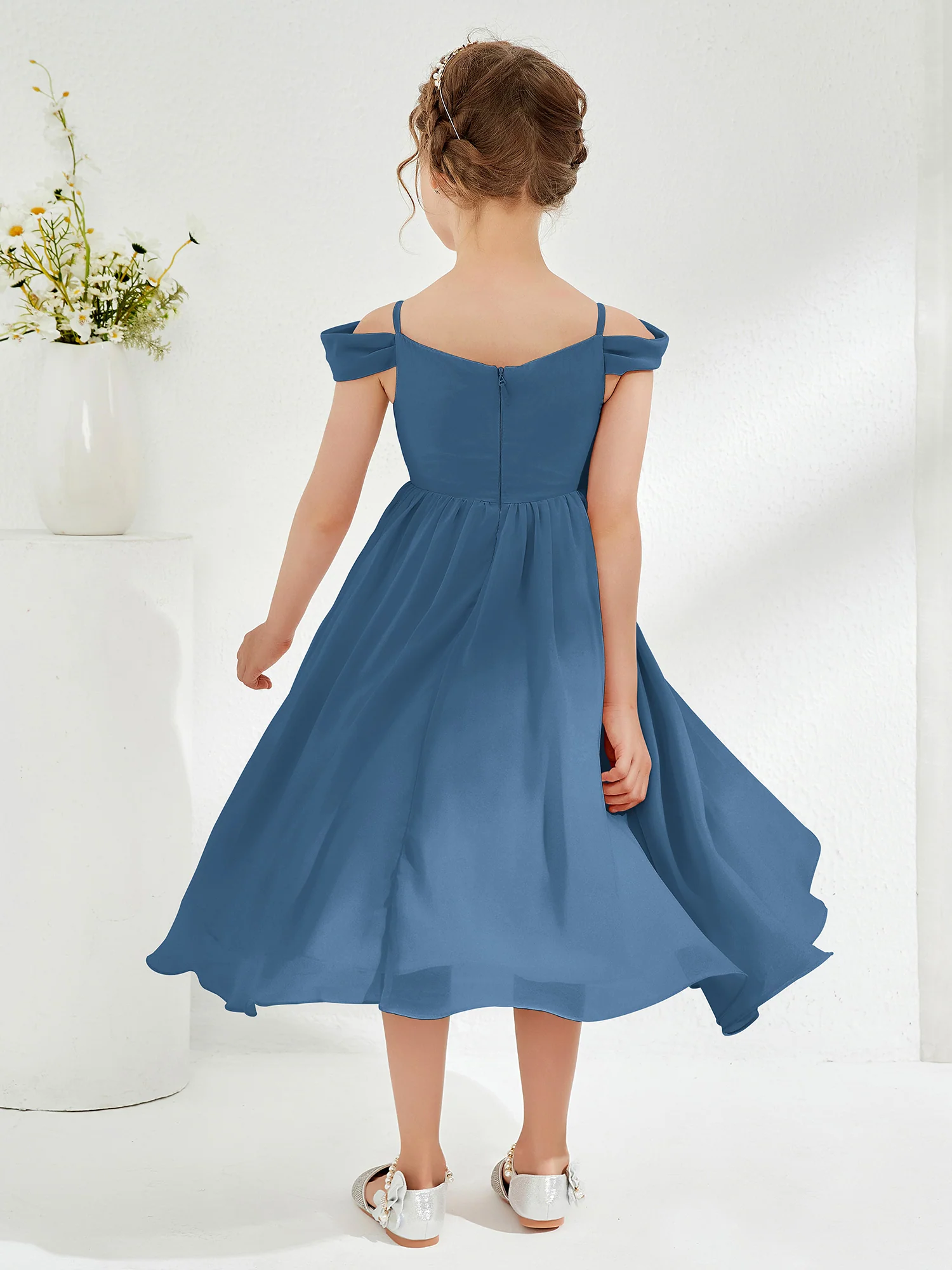 Off-the-shoulder Pleated Girl's Dress Slate Blue - Image 2