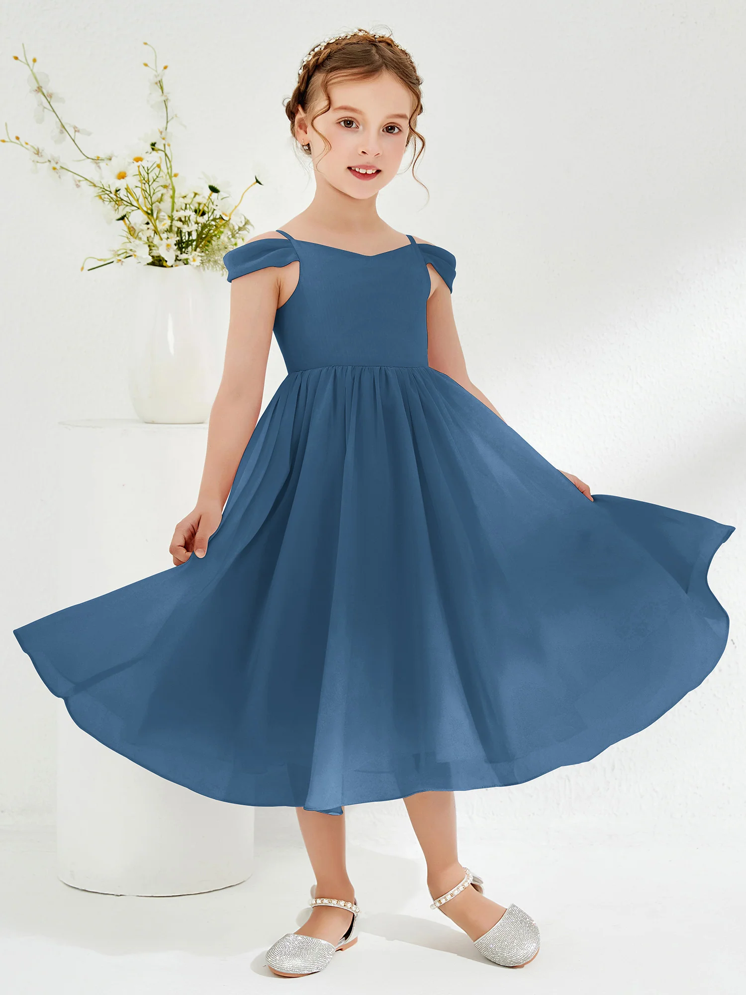 Off-the-shoulder Pleated Girl's Dress Slate Blue - Image 3