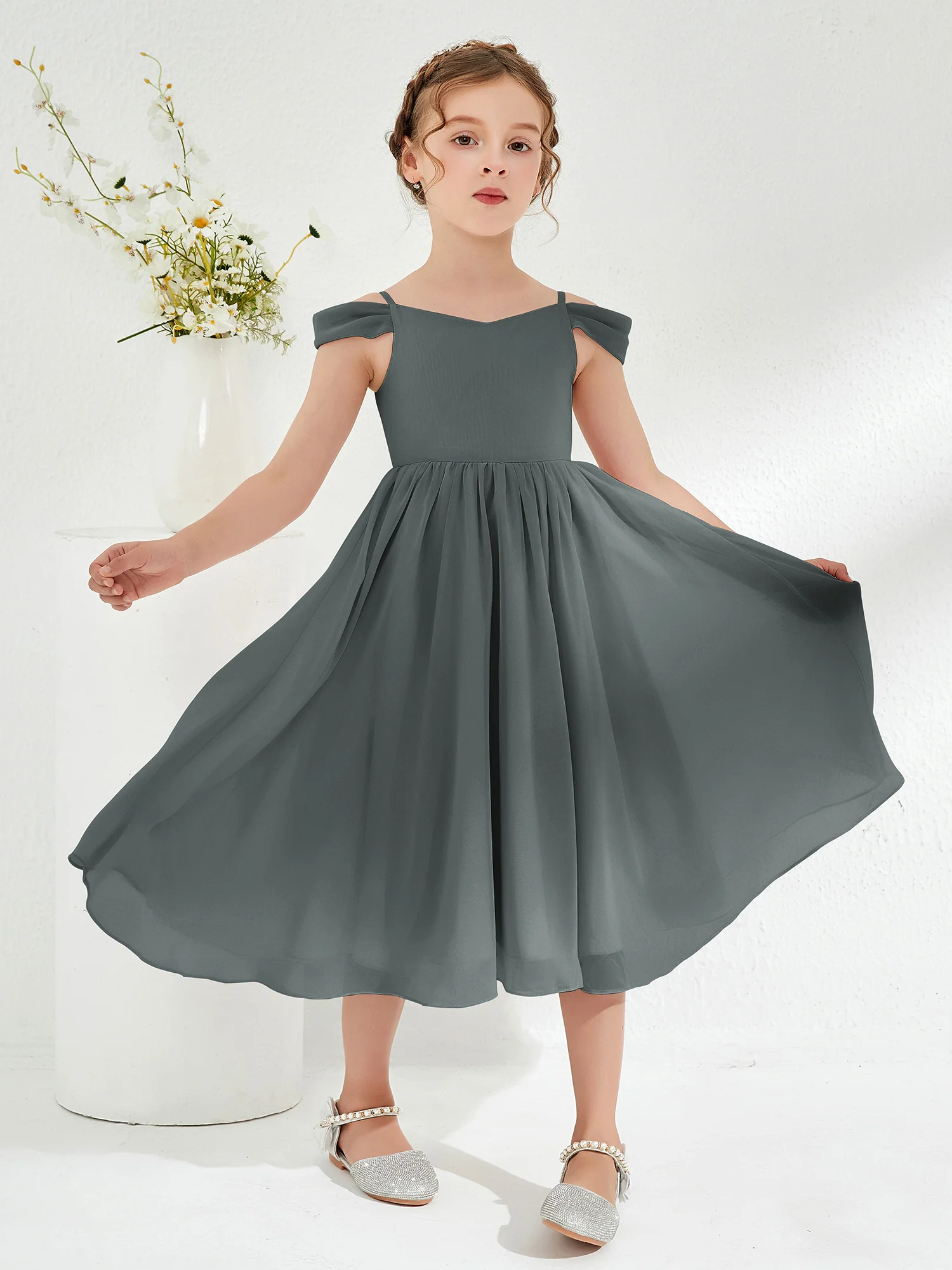 Off-the-shoulder Pleated Girl's Dress Steel Grey