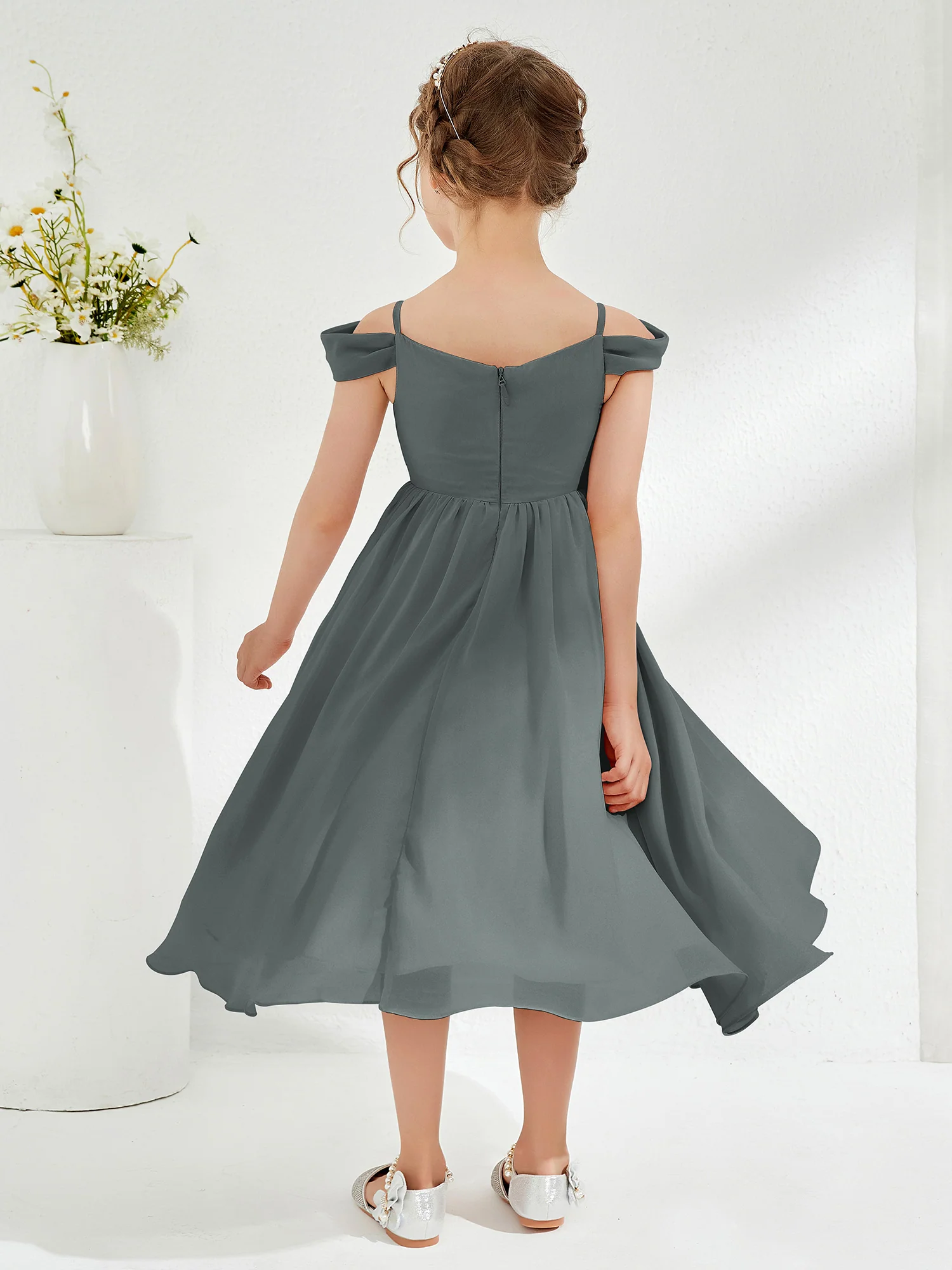 Off-the-shoulder Pleated Girl's Dress Steel Grey - Image 2