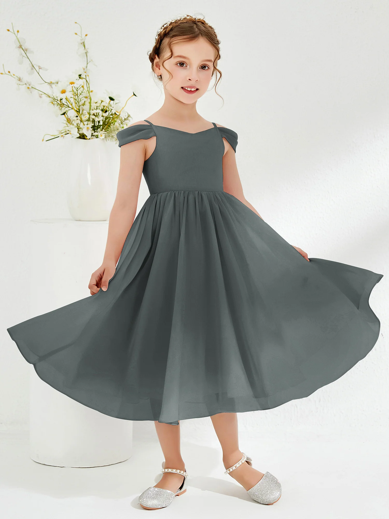 Off-the-shoulder Pleated Girl's Dress Steel Grey - Image 3