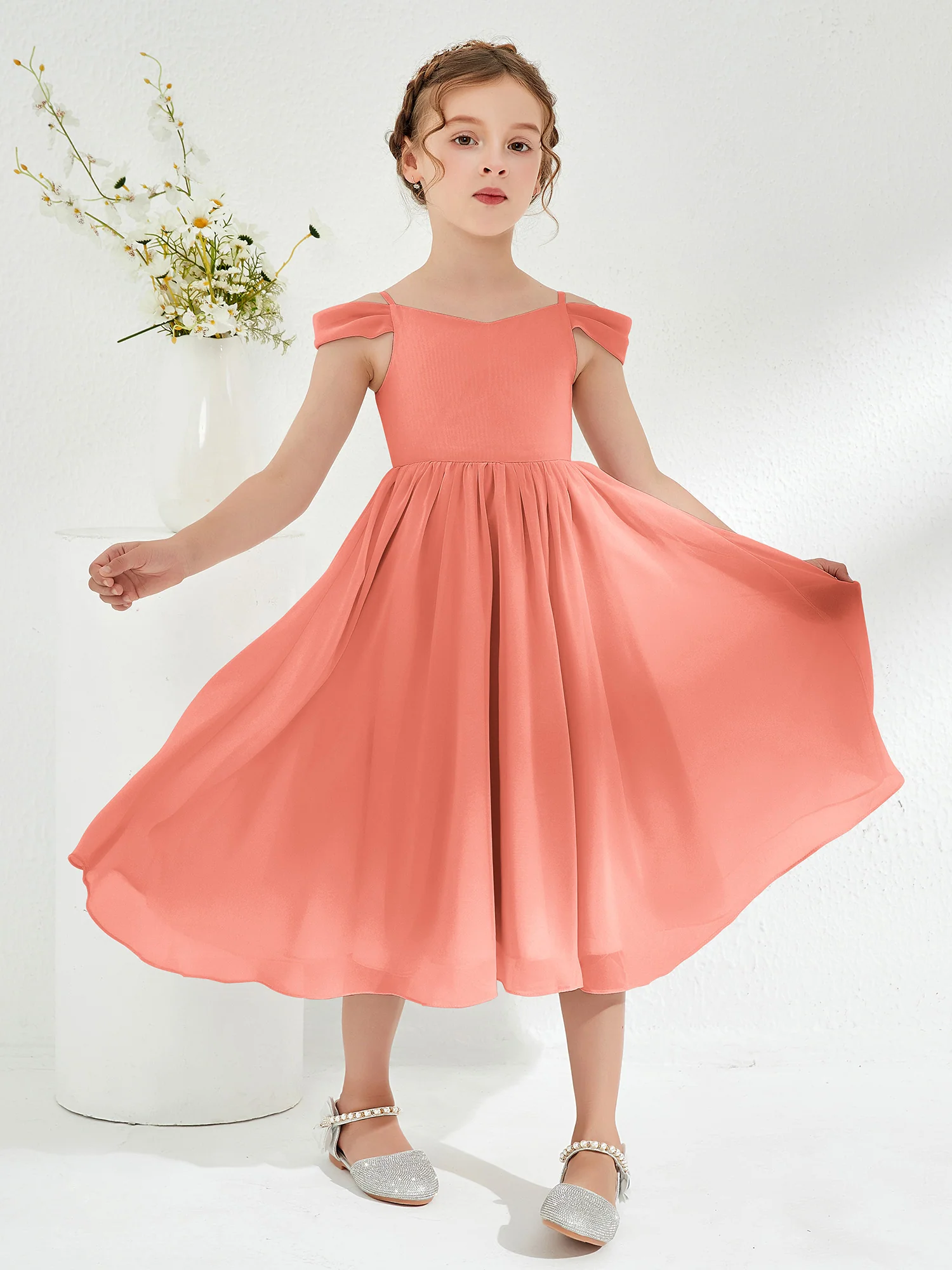 Off-the-shoulder Pleated Girl's Dress Sunset