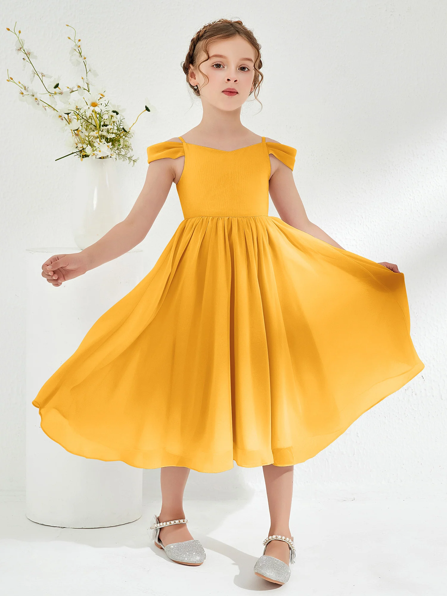 Off-the-shoulder Pleated Girl's Dress Tangerine