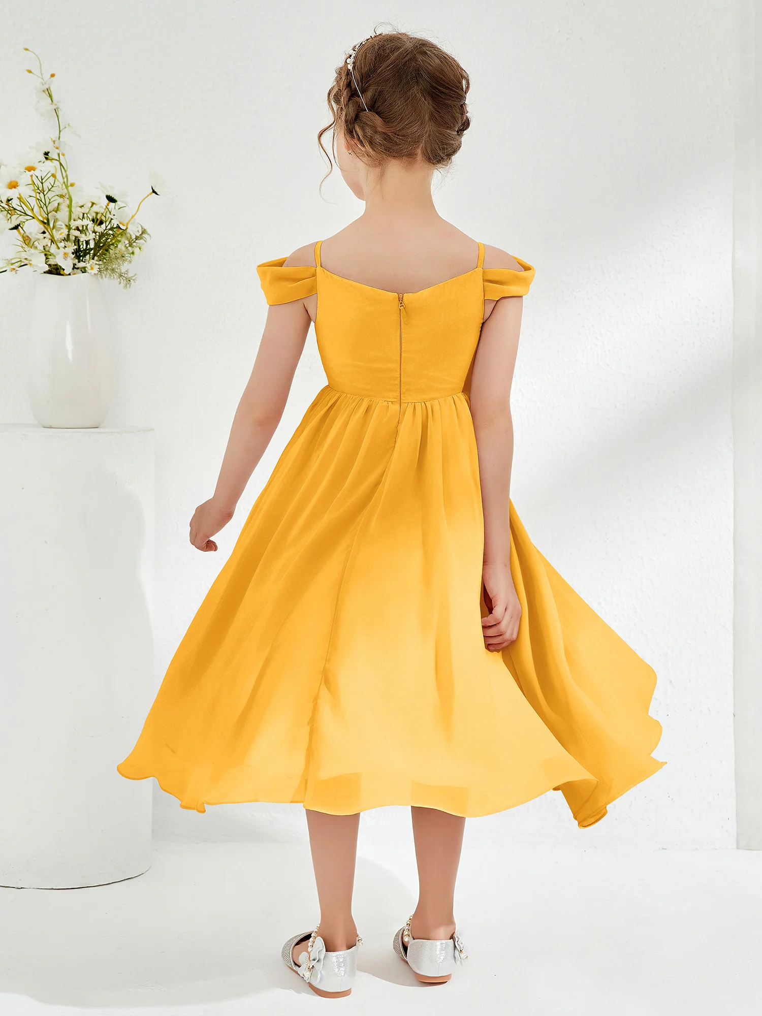 Off-the-shoulder Pleated Girl's Dress Tangerine - Image 2