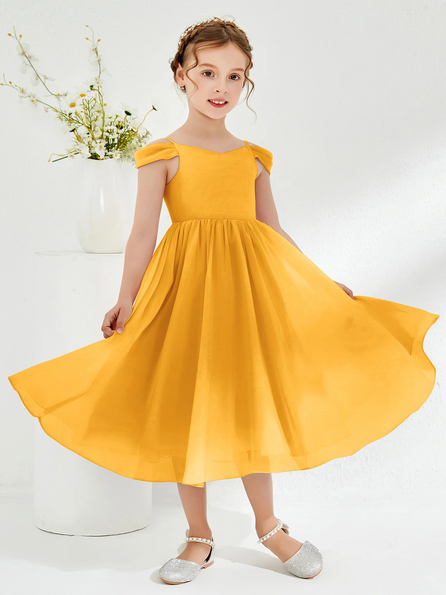 Off-the-shoulder Pleated Girl's Dress Tangerine - Image 3