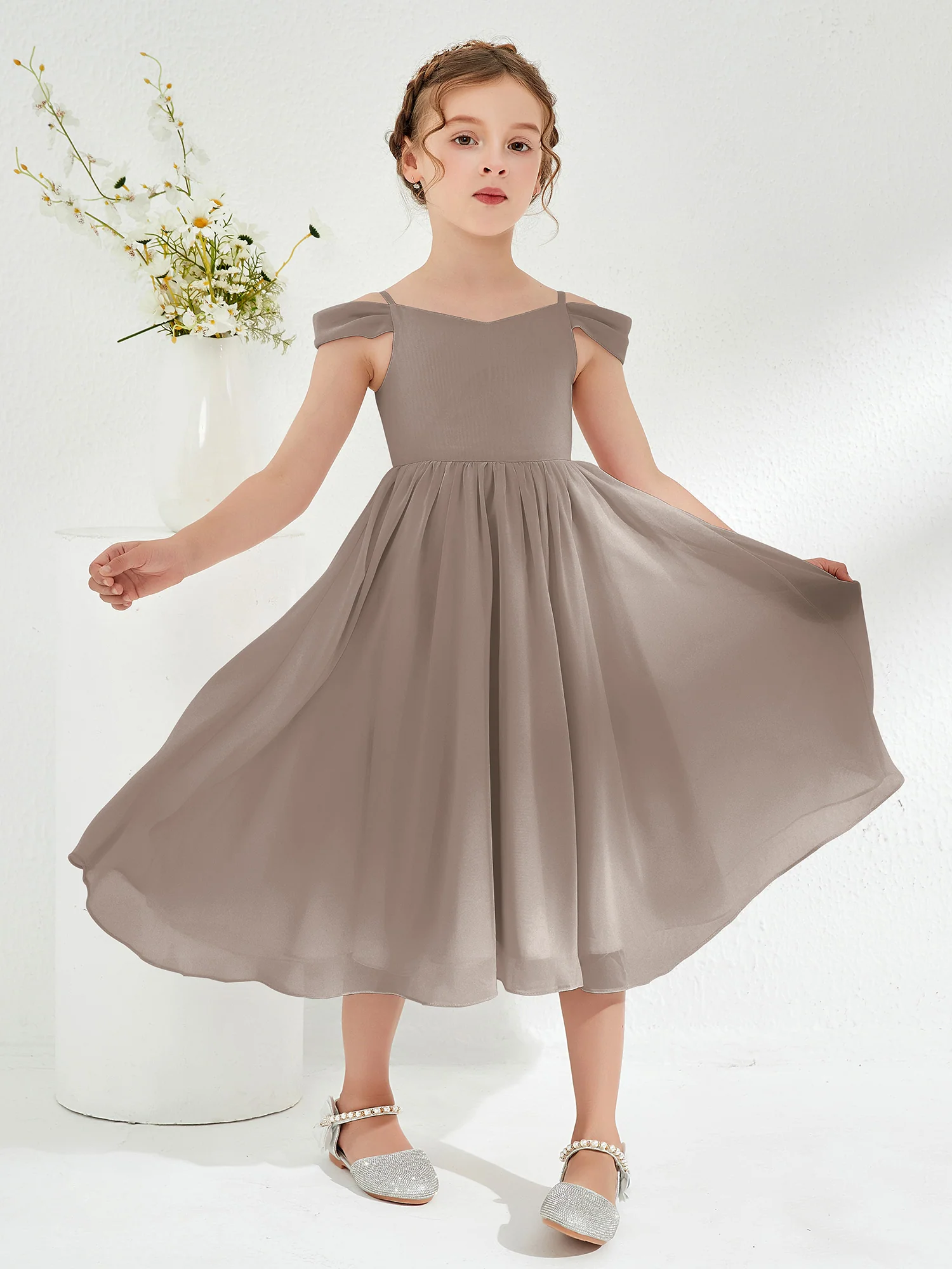 Off-the-shoulder Pleated Girl's Dress Taupe