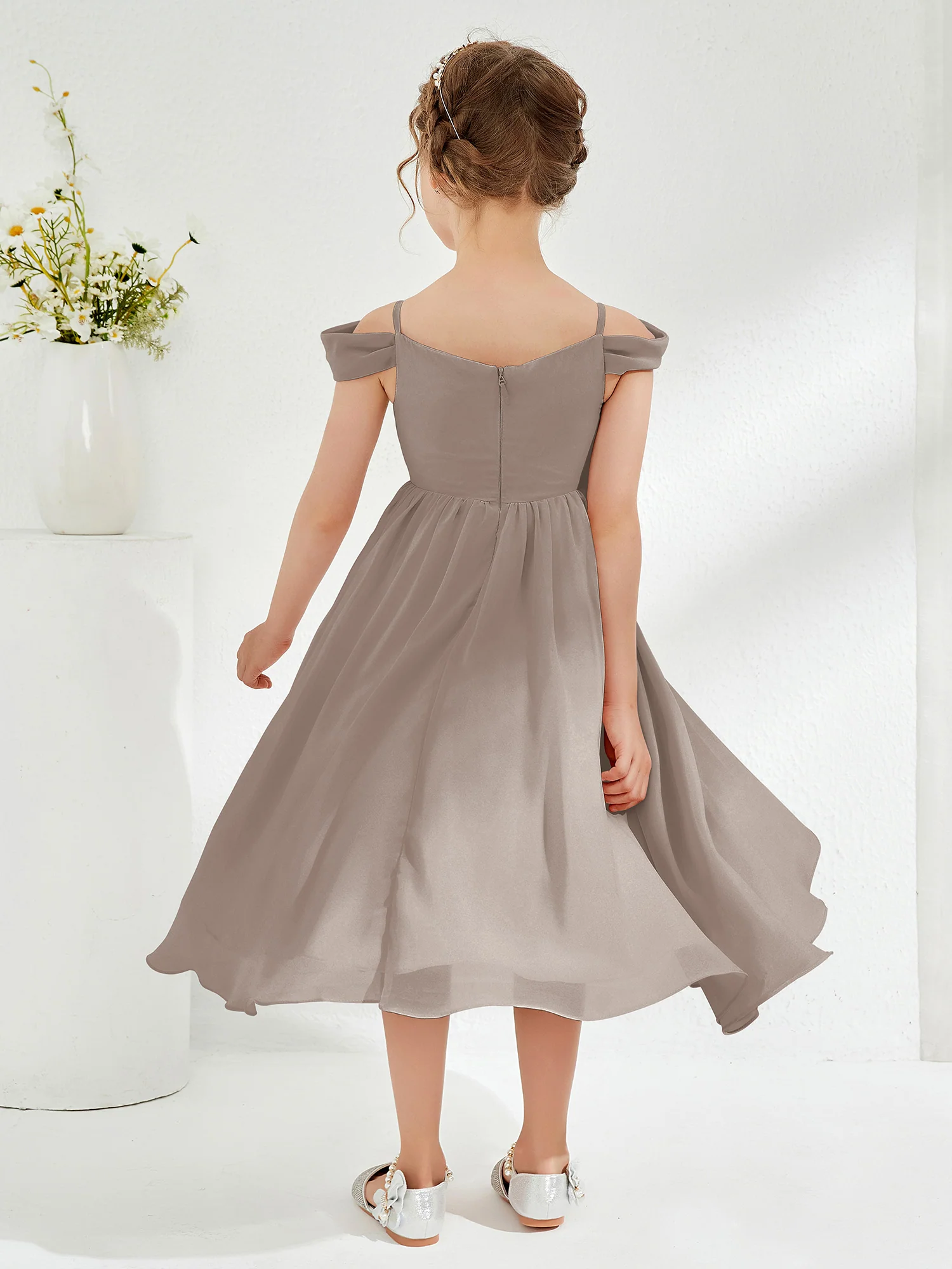 Off-the-shoulder Pleated Girl's Dress Taupe - Image 2