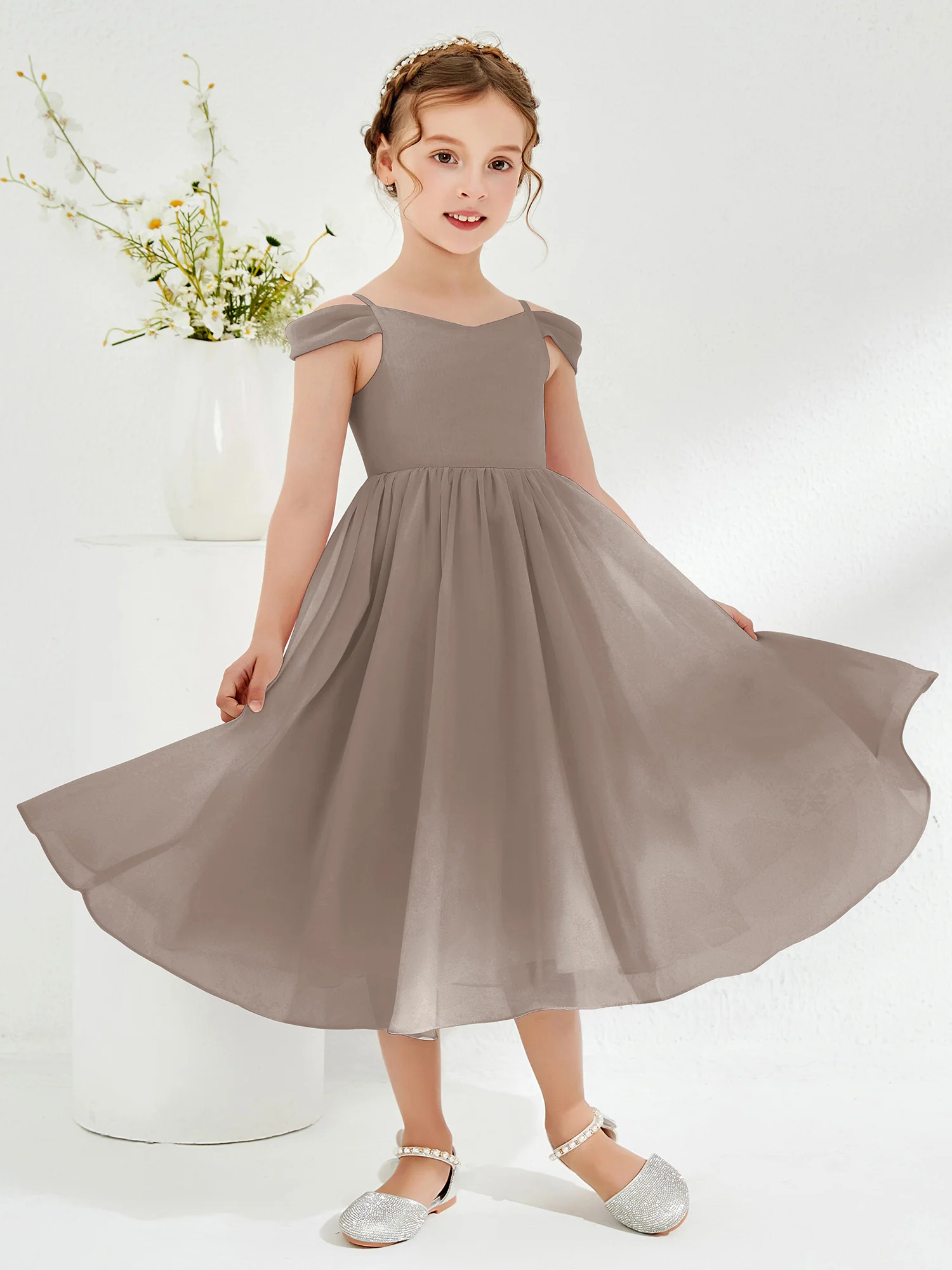 Off-the-shoulder Pleated Girl's Dress Taupe - Image 3