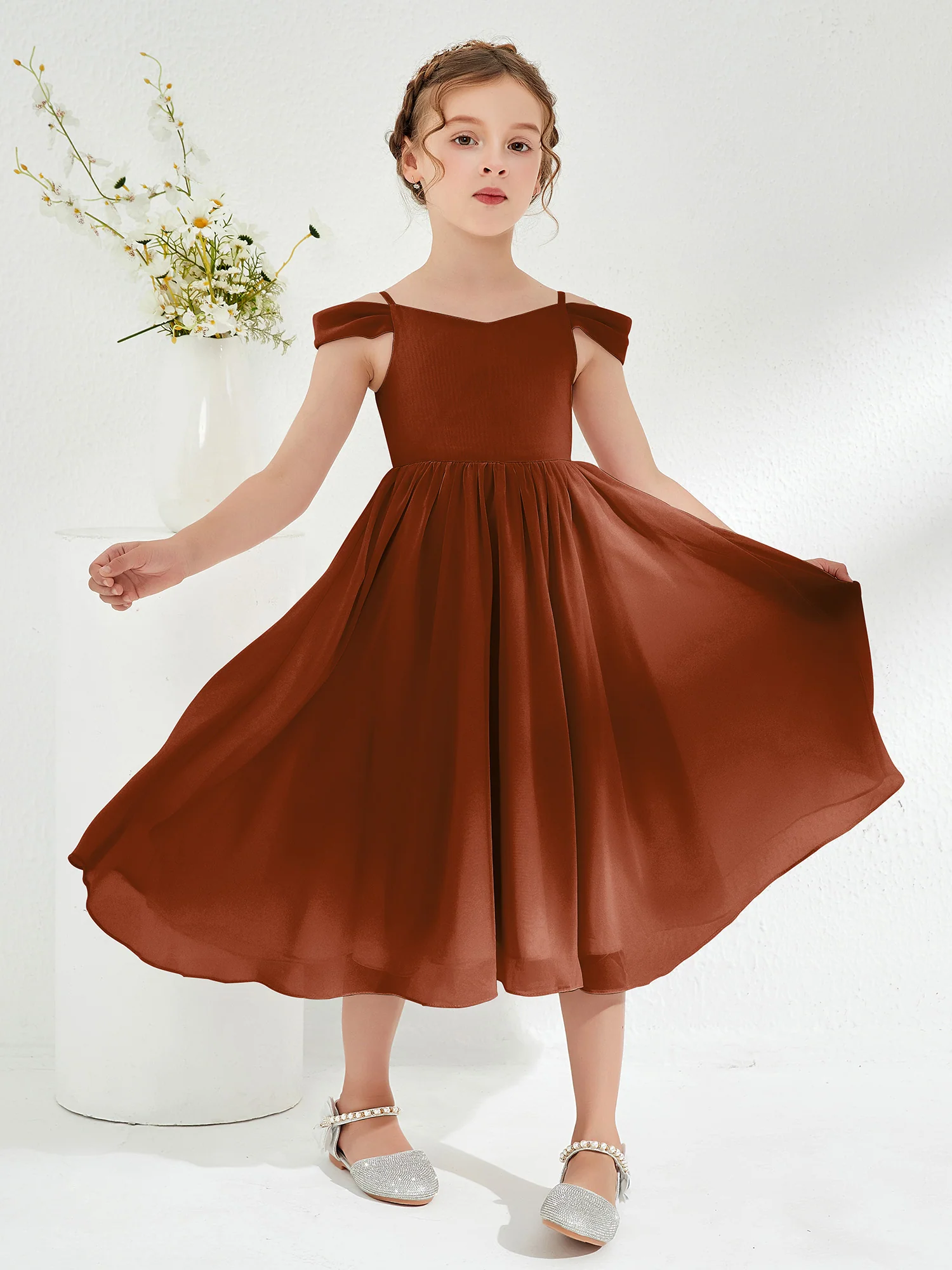 Off-the-shoulder Pleated Girl's Dress Terracotta