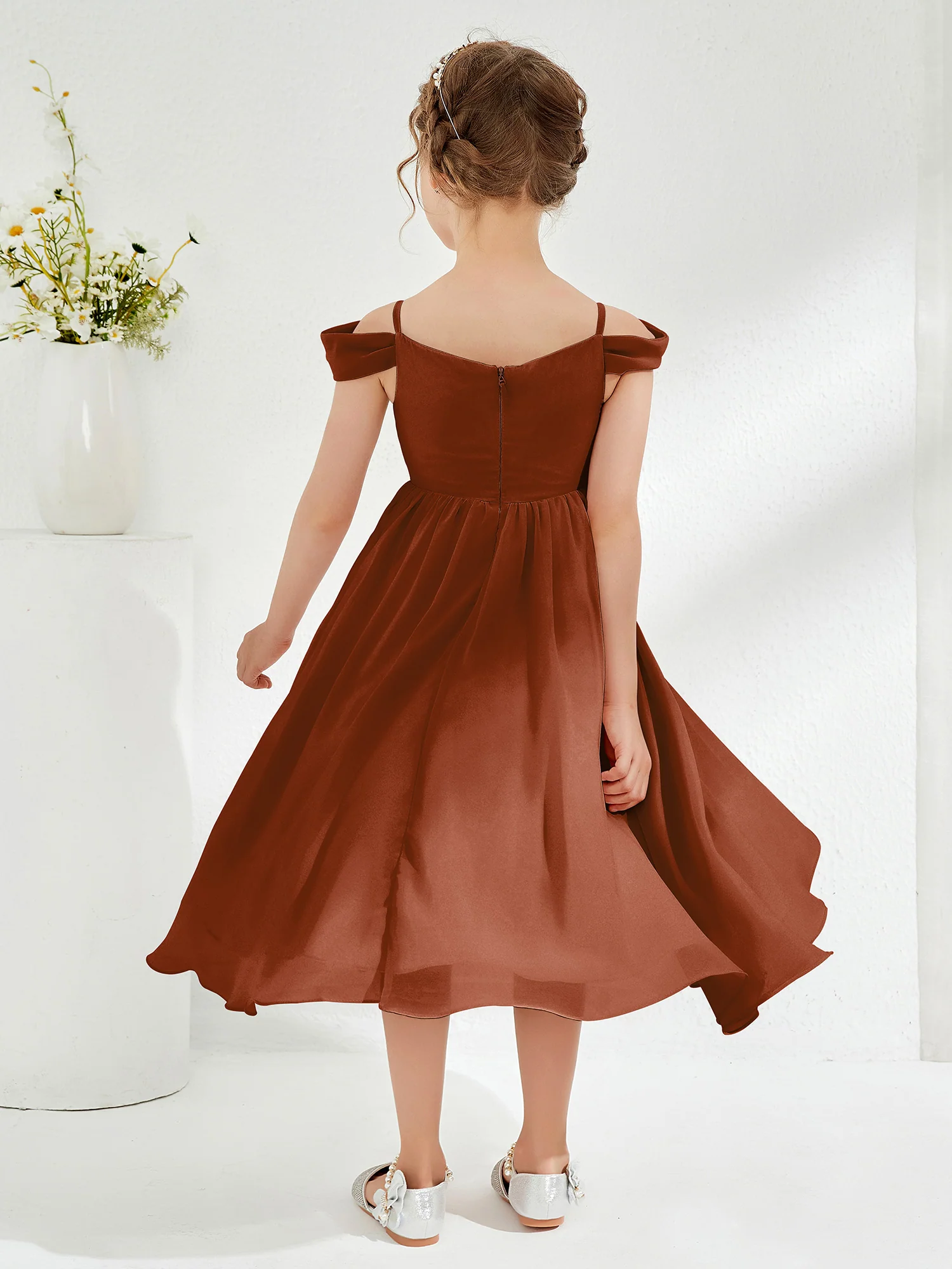 Off-the-shoulder Pleated Girl's Dress Terracotta - Image 2
