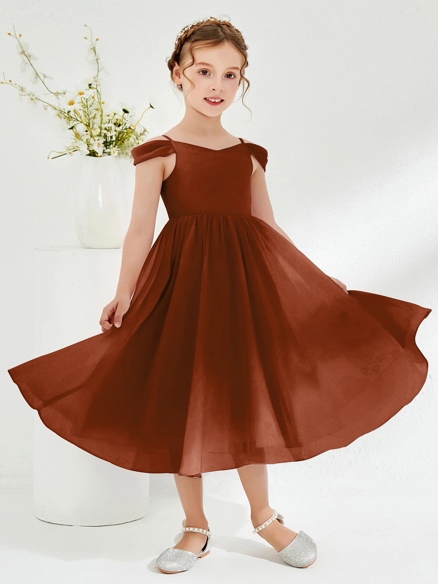 Off-the-shoulder Pleated Girl's Dress Terracotta - Image 3