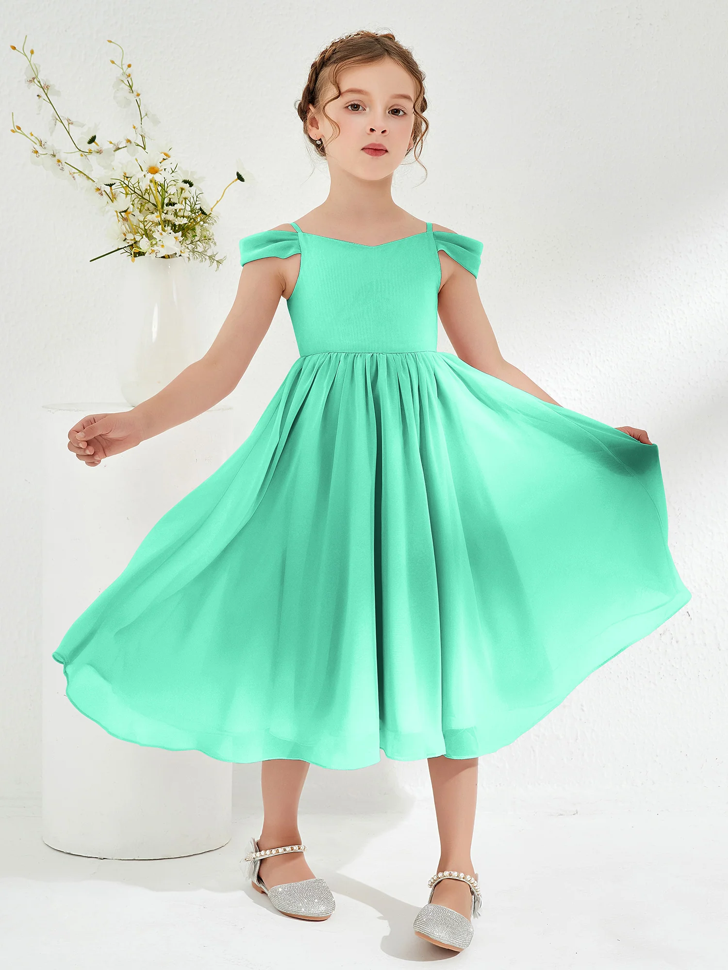 Off-the-shoulder Pleated Girl's Dress Turquoise