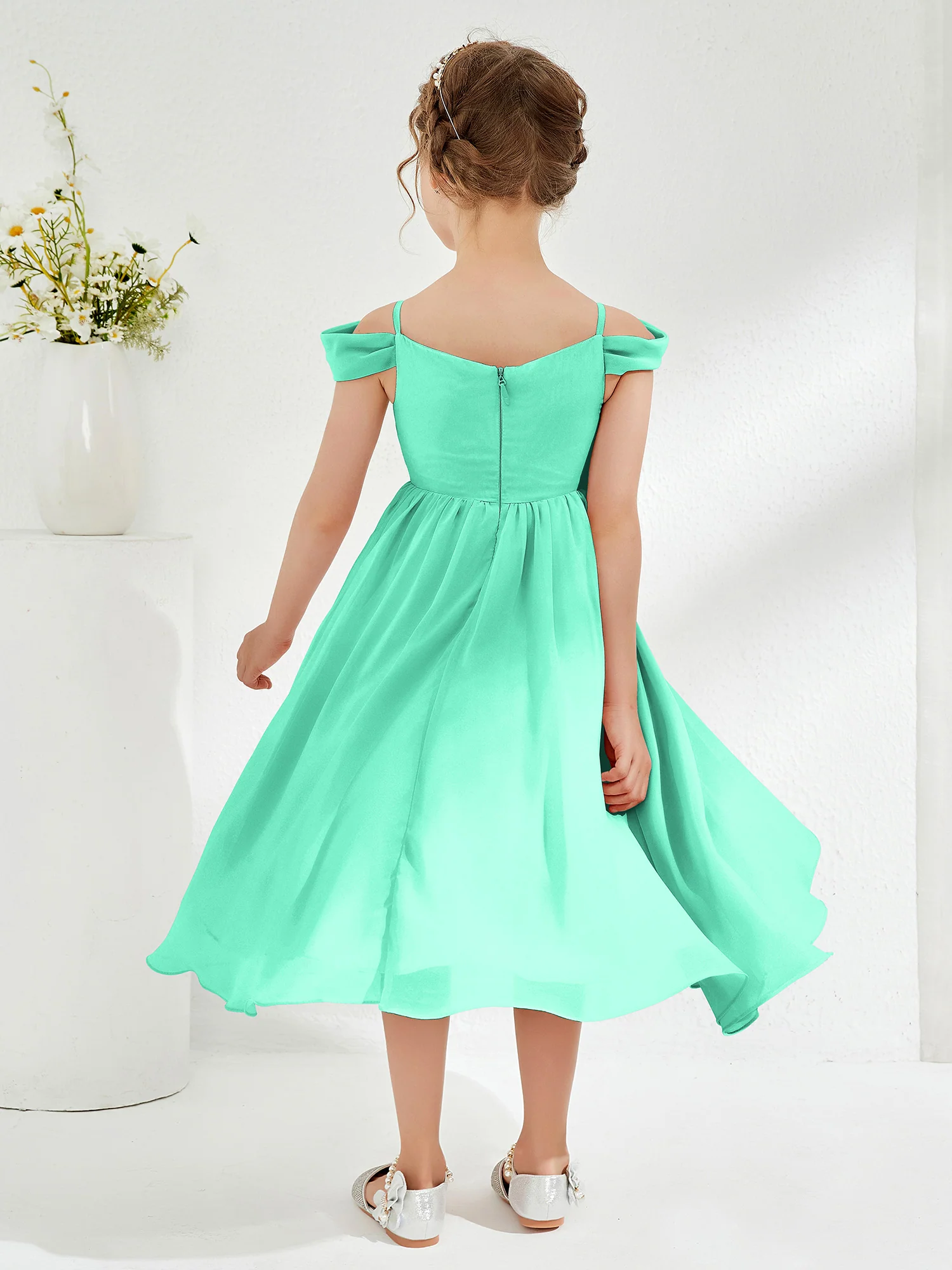 Off-the-shoulder Pleated Girl's Dress Turquoise - Image 2
