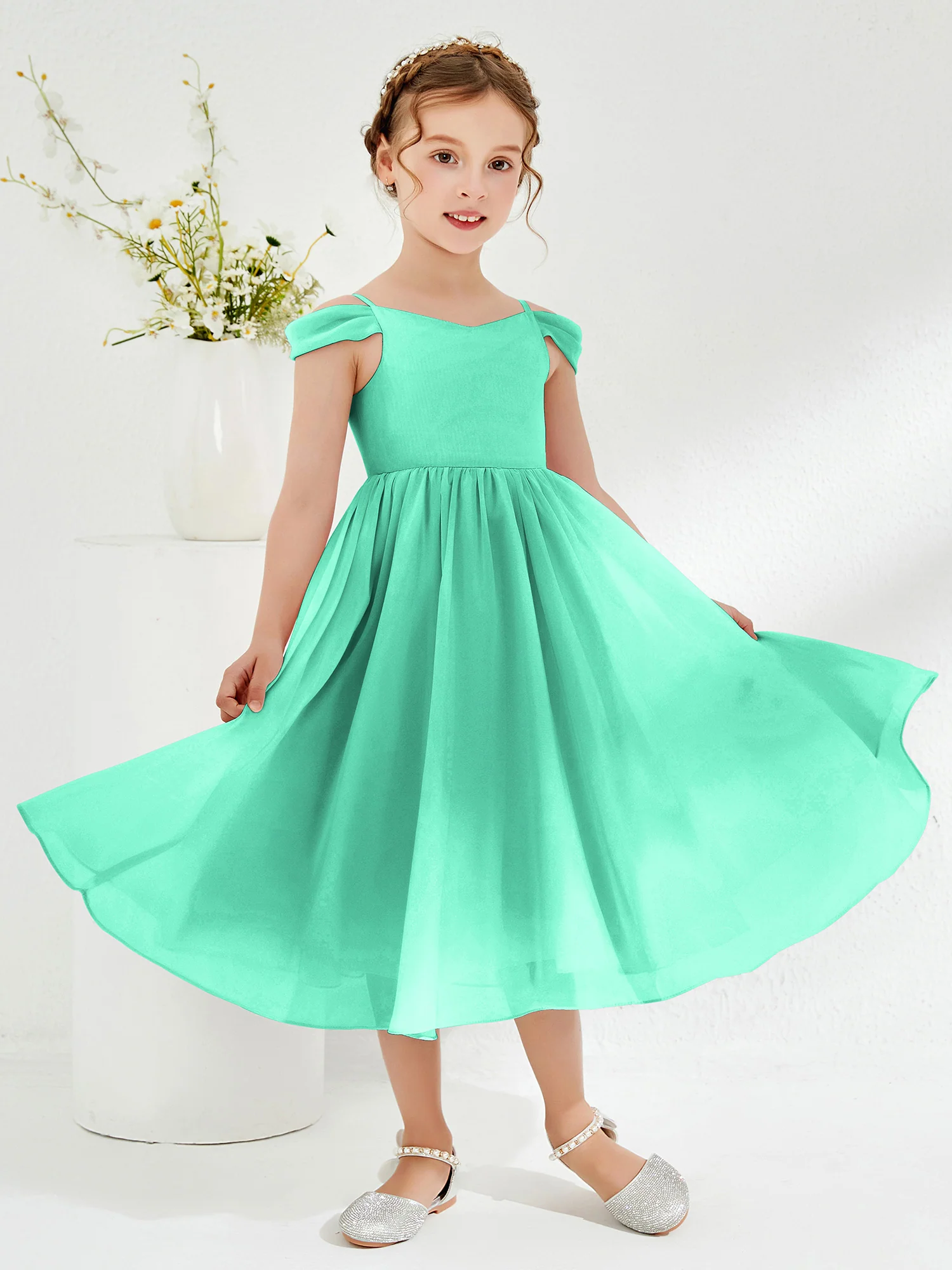 Off-the-shoulder Pleated Girl's Dress Turquoise - Image 3
