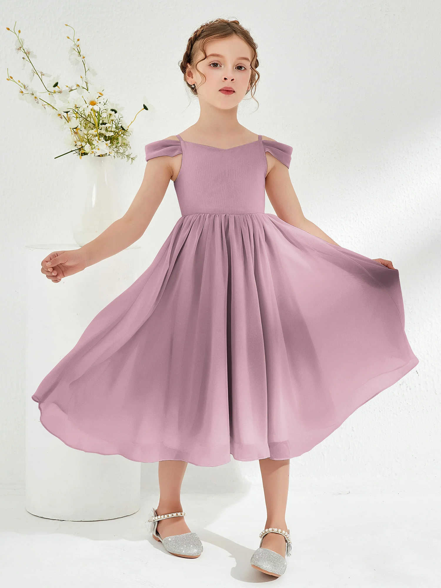 Off-the-shoulder Pleated Girl's Dress Vintage Mauve