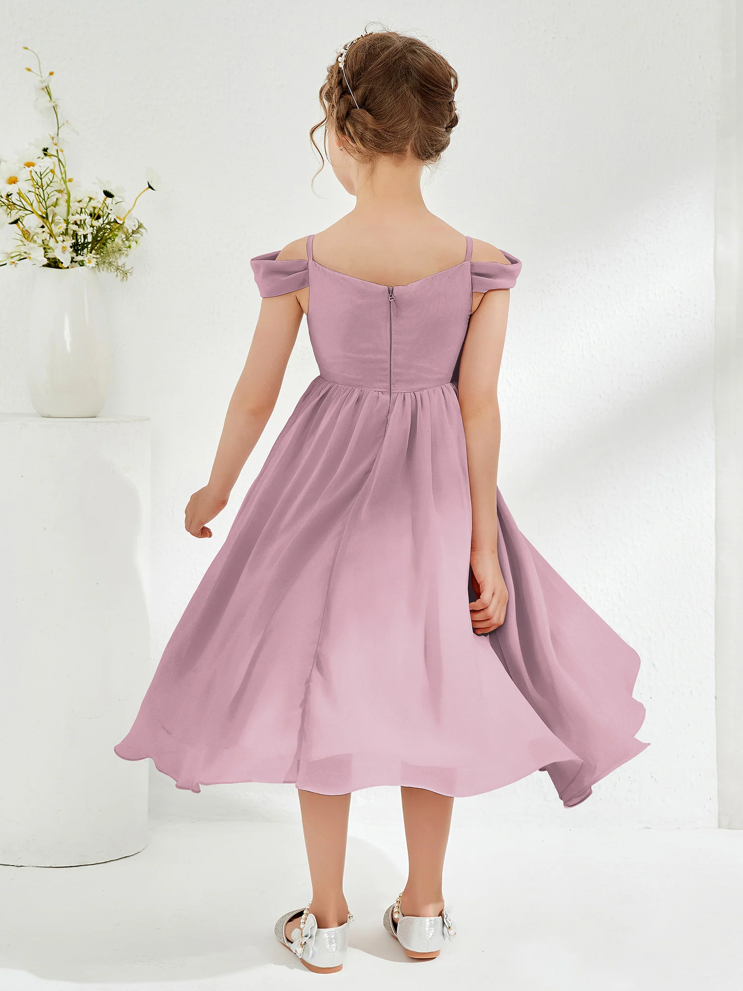 Off-the-shoulder Pleated Girl's Dress Vintage Mauve - Image 2