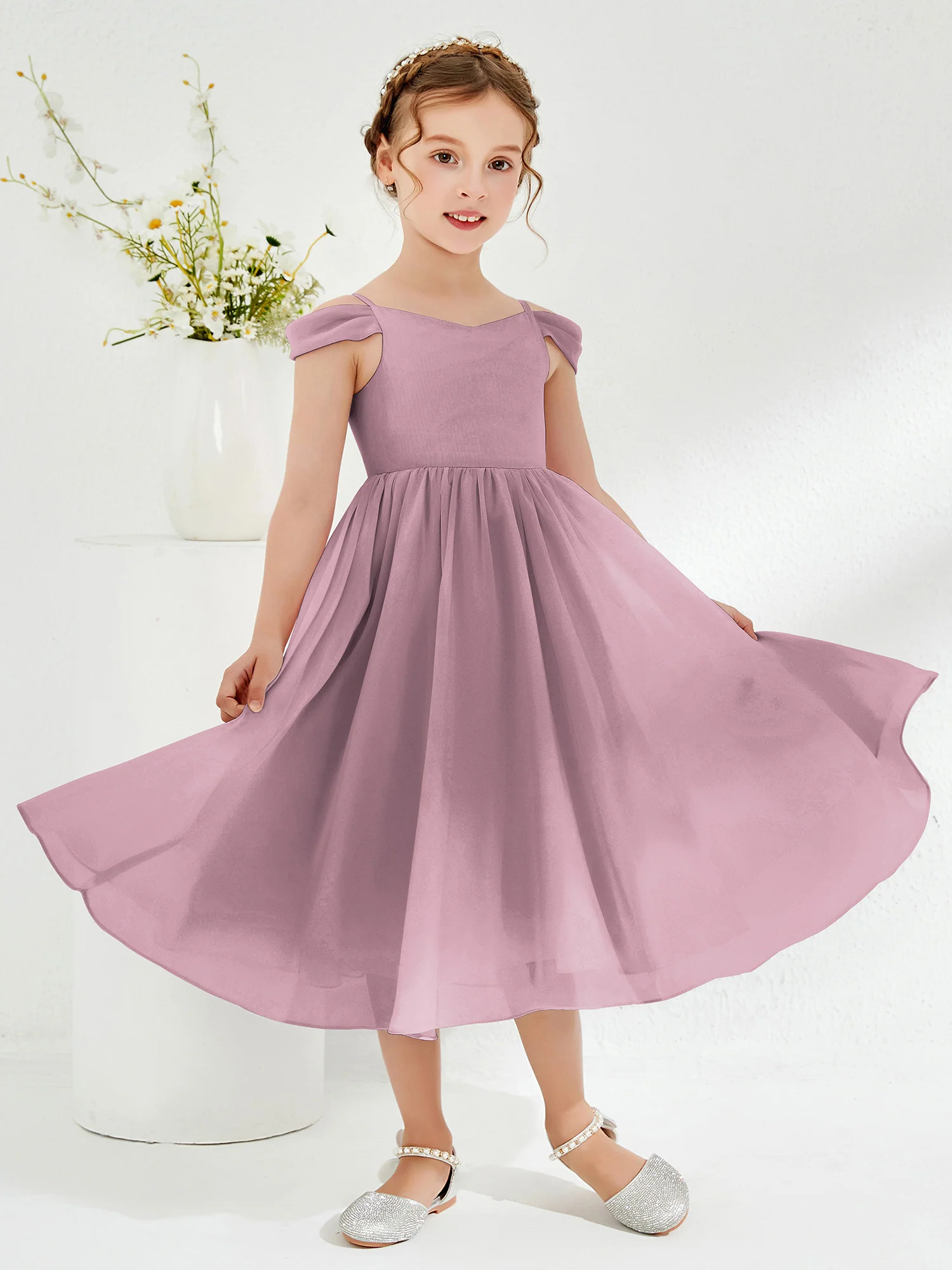 Off-the-shoulder Pleated Girl's Dress Vintage Mauve - Image 3