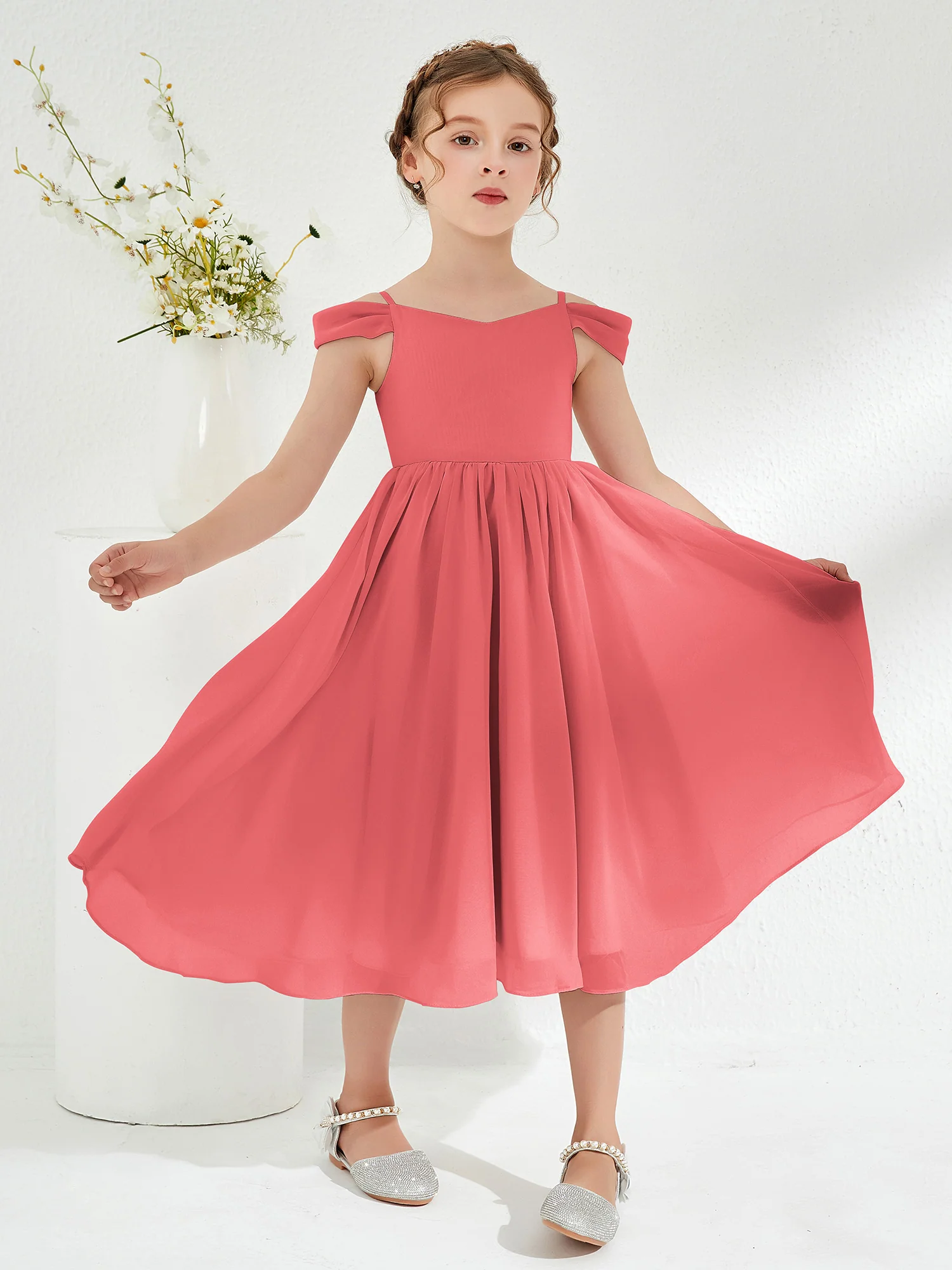 Off-the-shoulder Pleated Girl's Dress Watermelon