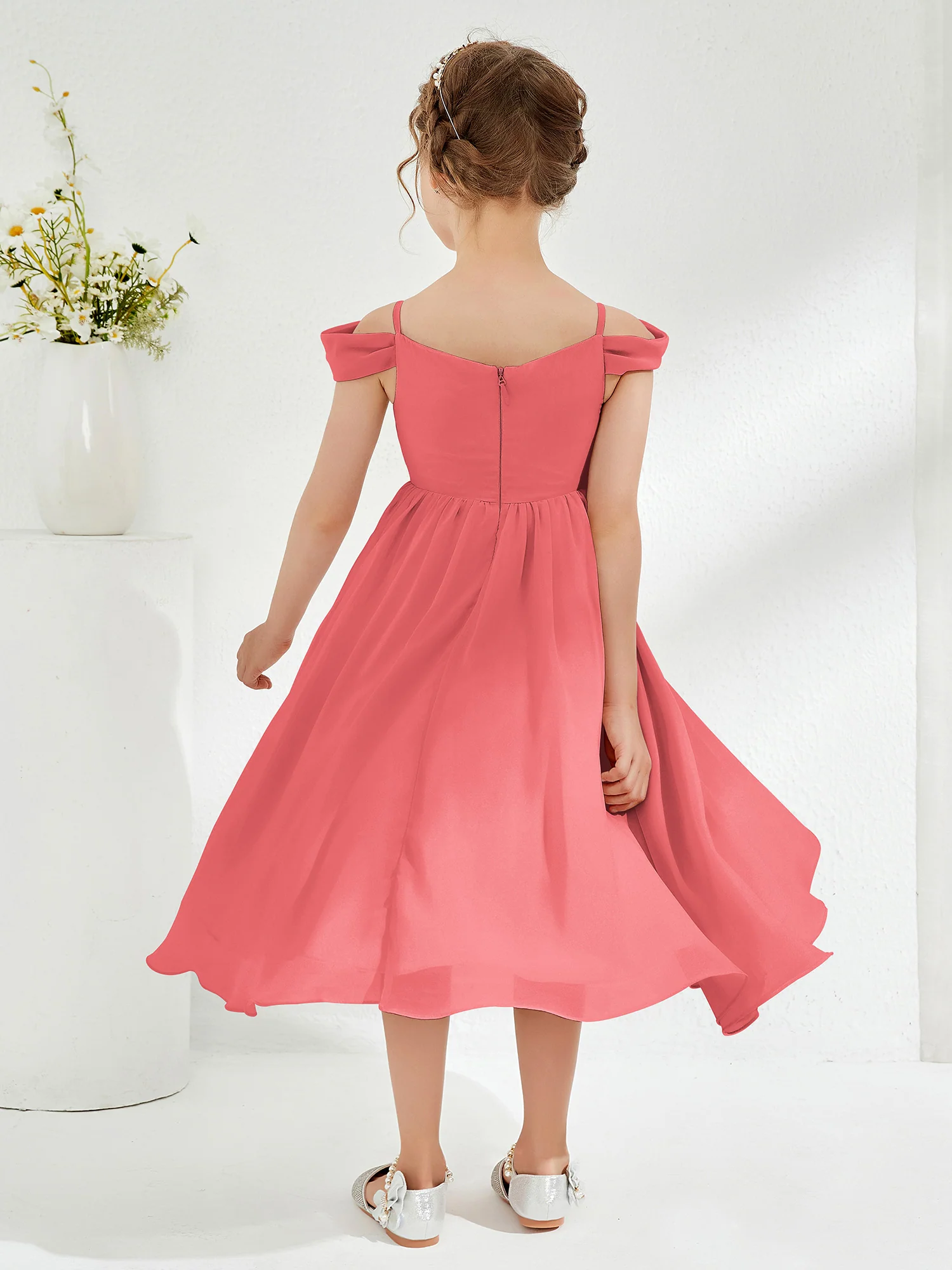 Off-the-shoulder Pleated Girl's Dress Watermelon - Image 2