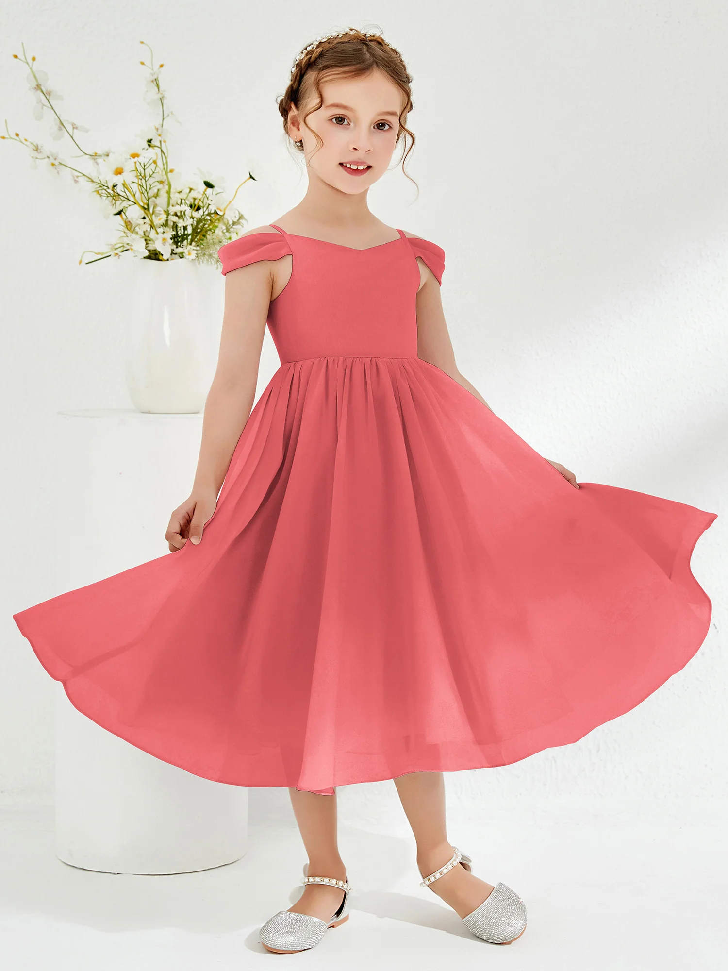 Off-the-shoulder Pleated Girl's Dress Watermelon - Image 3
