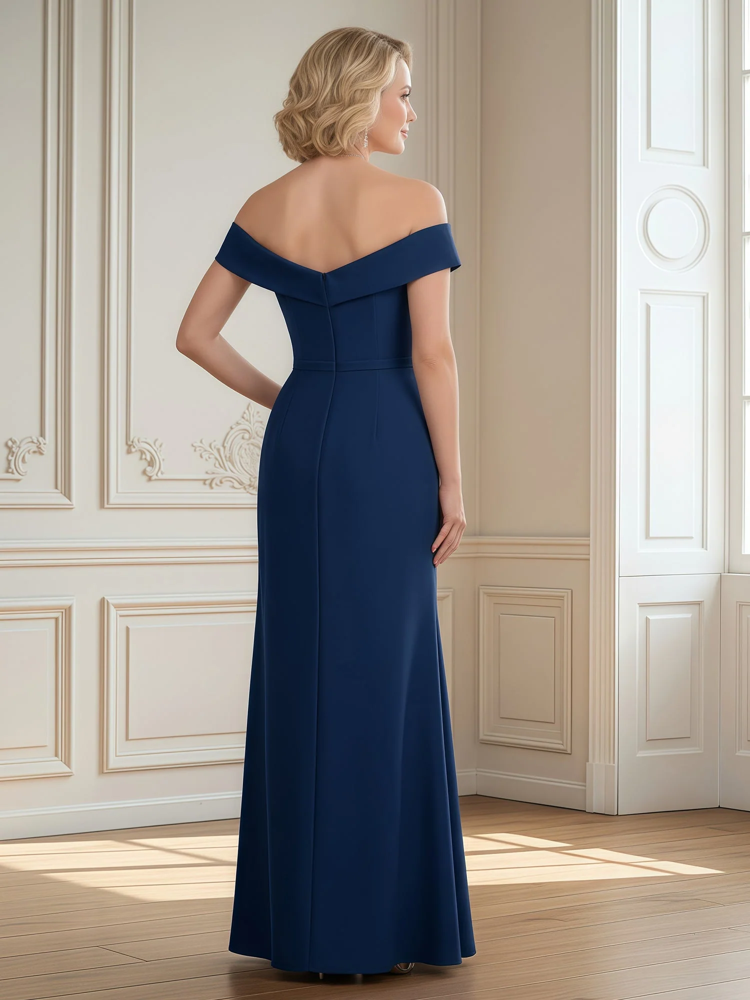 Off-the-Shoulder Pleated Sheath Long Dress With Slit Peacock - Image 2