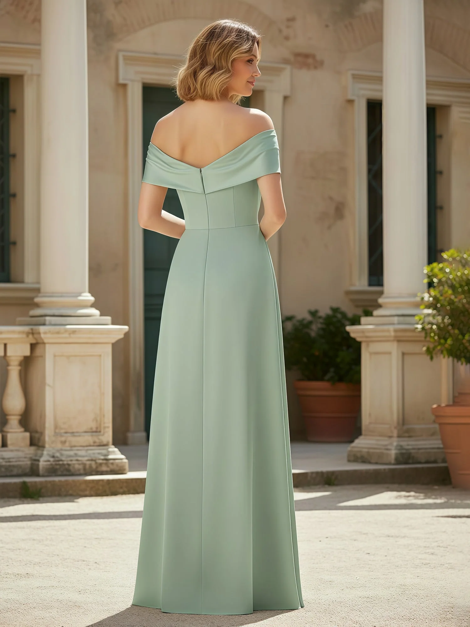 Off-the-Shoulder Pleated Stretch Satin Long Dress Burgundy - Image 2