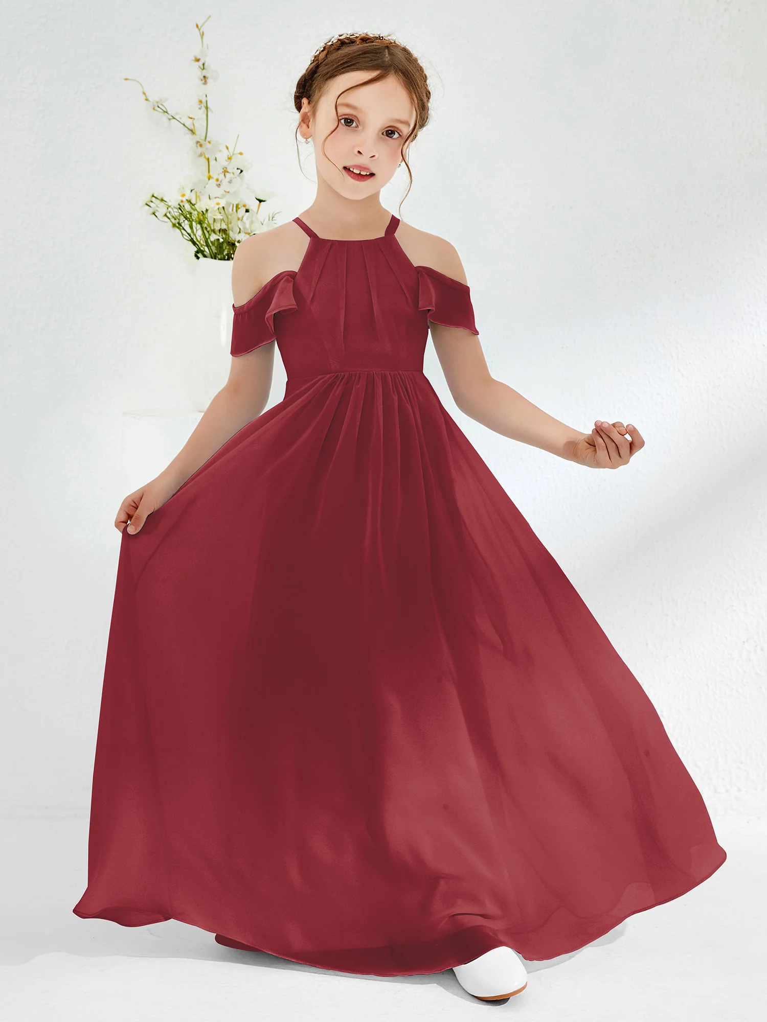 Off-the-shoulder Ruched Junior Bridesmaid Dresses Cinnamon Rose