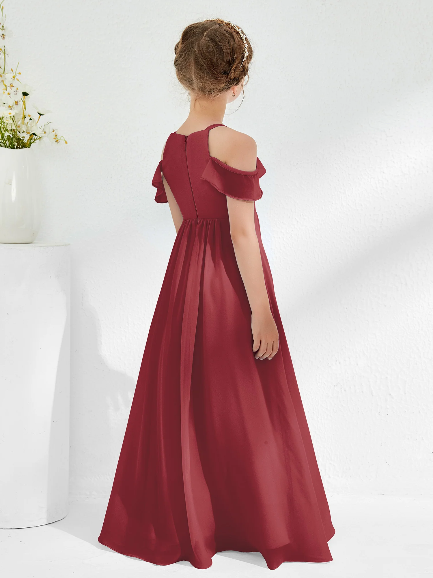 Off-the-shoulder Ruched Junior Bridesmaid Dresses Cinnamon Rose - Image 2