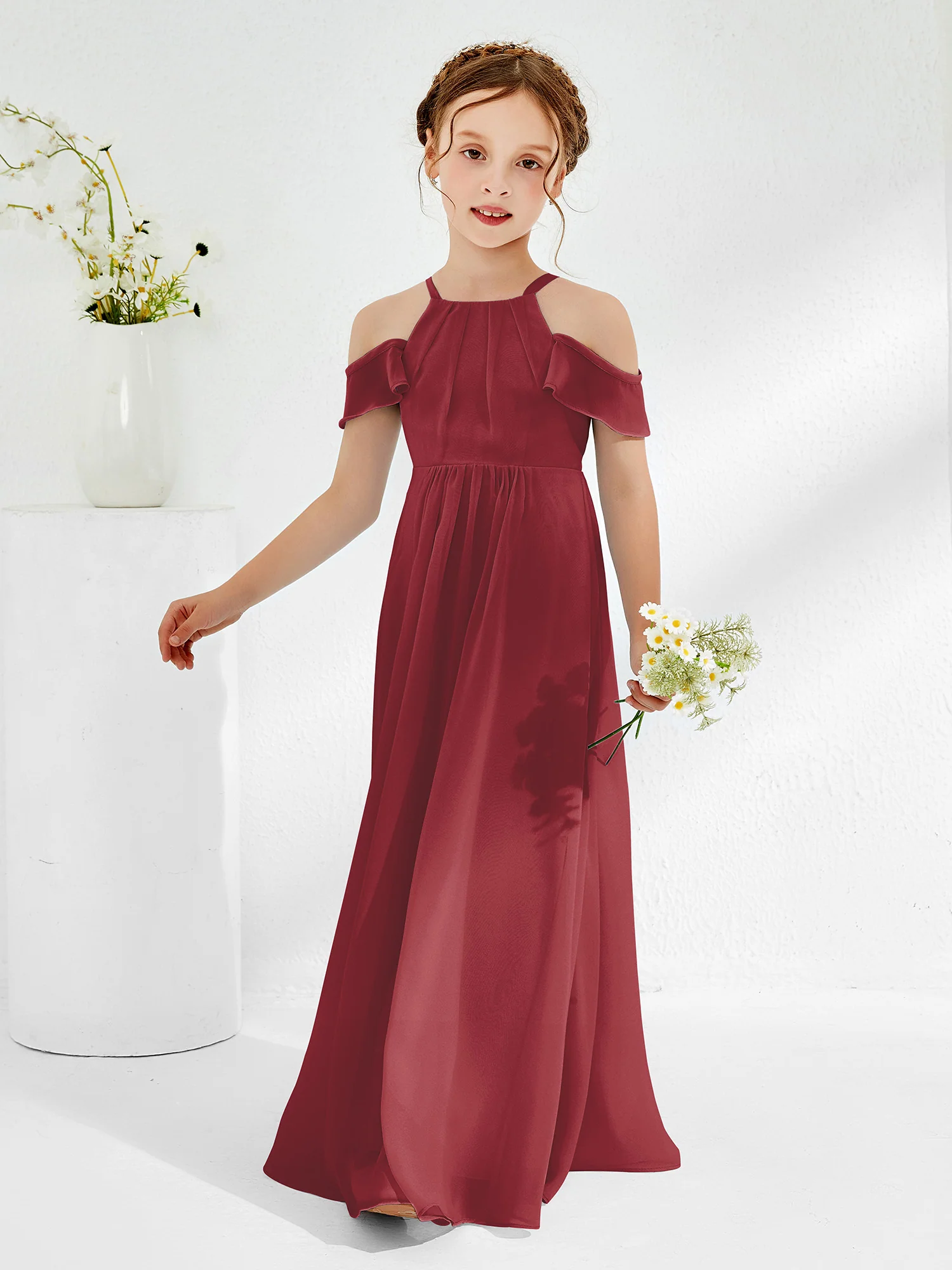 Off-the-shoulder Ruched Junior Bridesmaid Dresses Cinnamon Rose - Image 3
