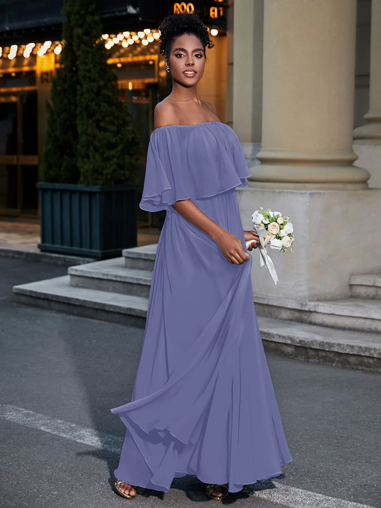 Off the Shoulder Ruffles Chiffon Maxi Dress-Periwinkle - Image 3