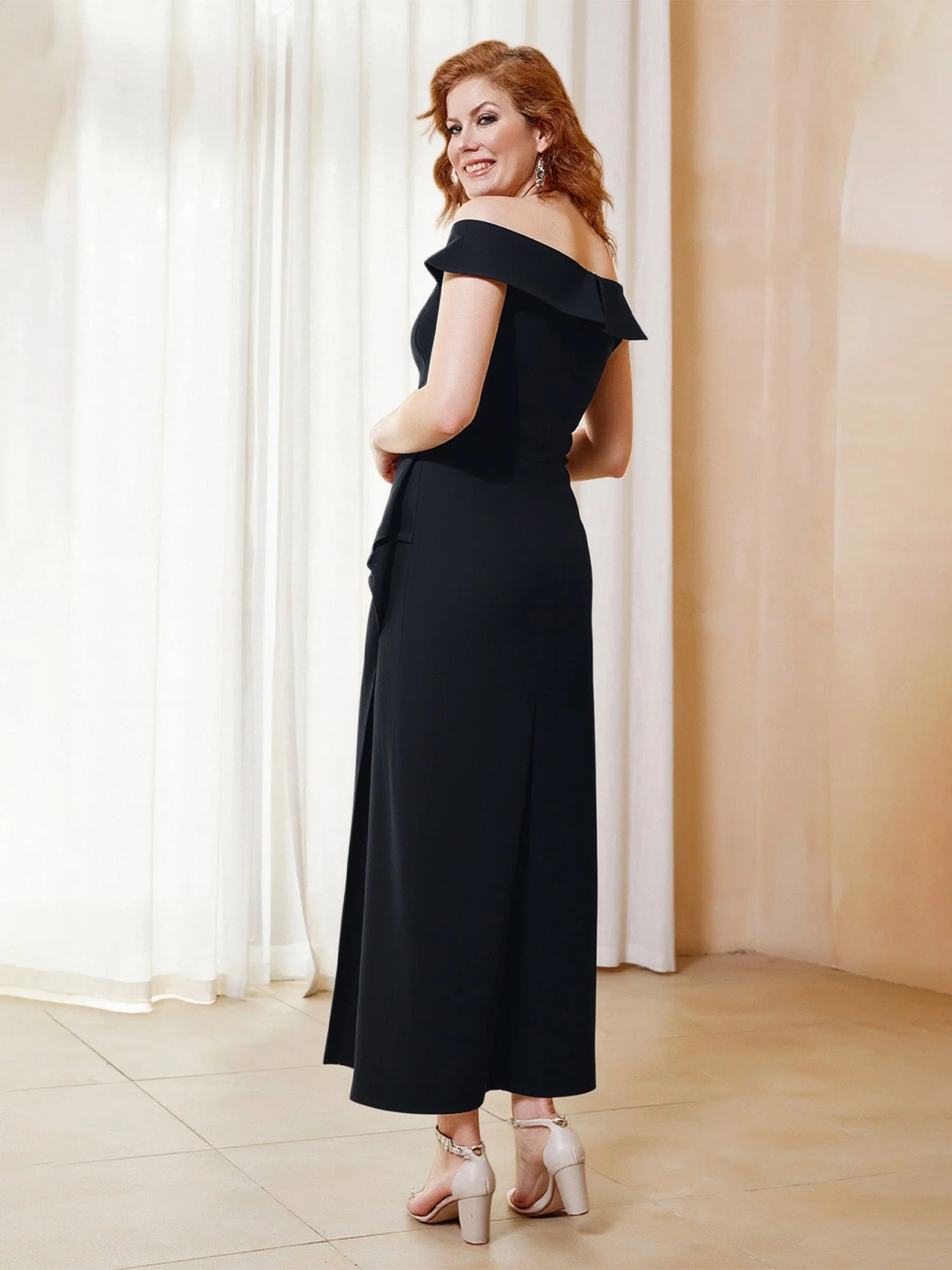 Off-the-Shoulder Sheath Asymmetrical Beaded Dress Burgundy - Image 2