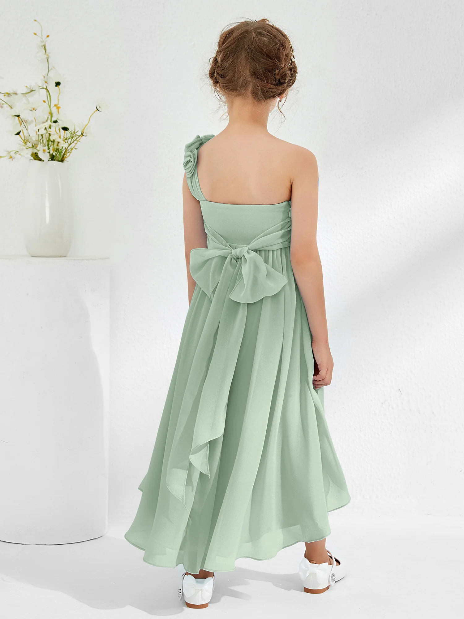 One Flower Shoulder Asymmetrical Junior Bridesmaid Dresses Agave - Image 2