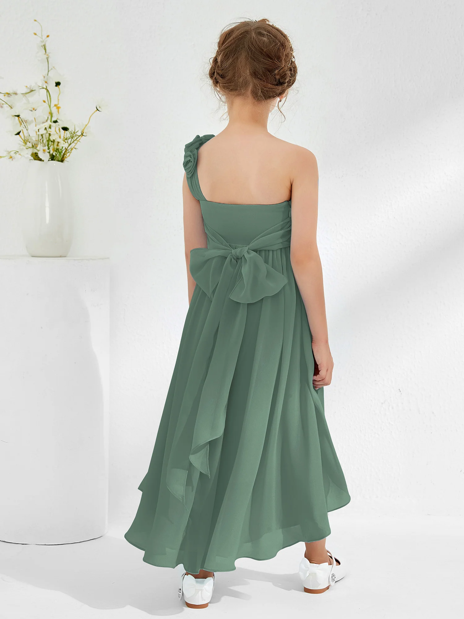 One Flower Shoulder Asymmetrical Junior Bridesmaid Dresses Eucalyptus - Image 2