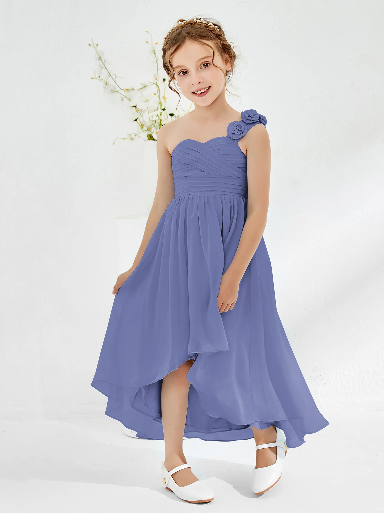 One Flower Shoulder Asymmetrical Junior Bridesmaid Dresses Periwinkle