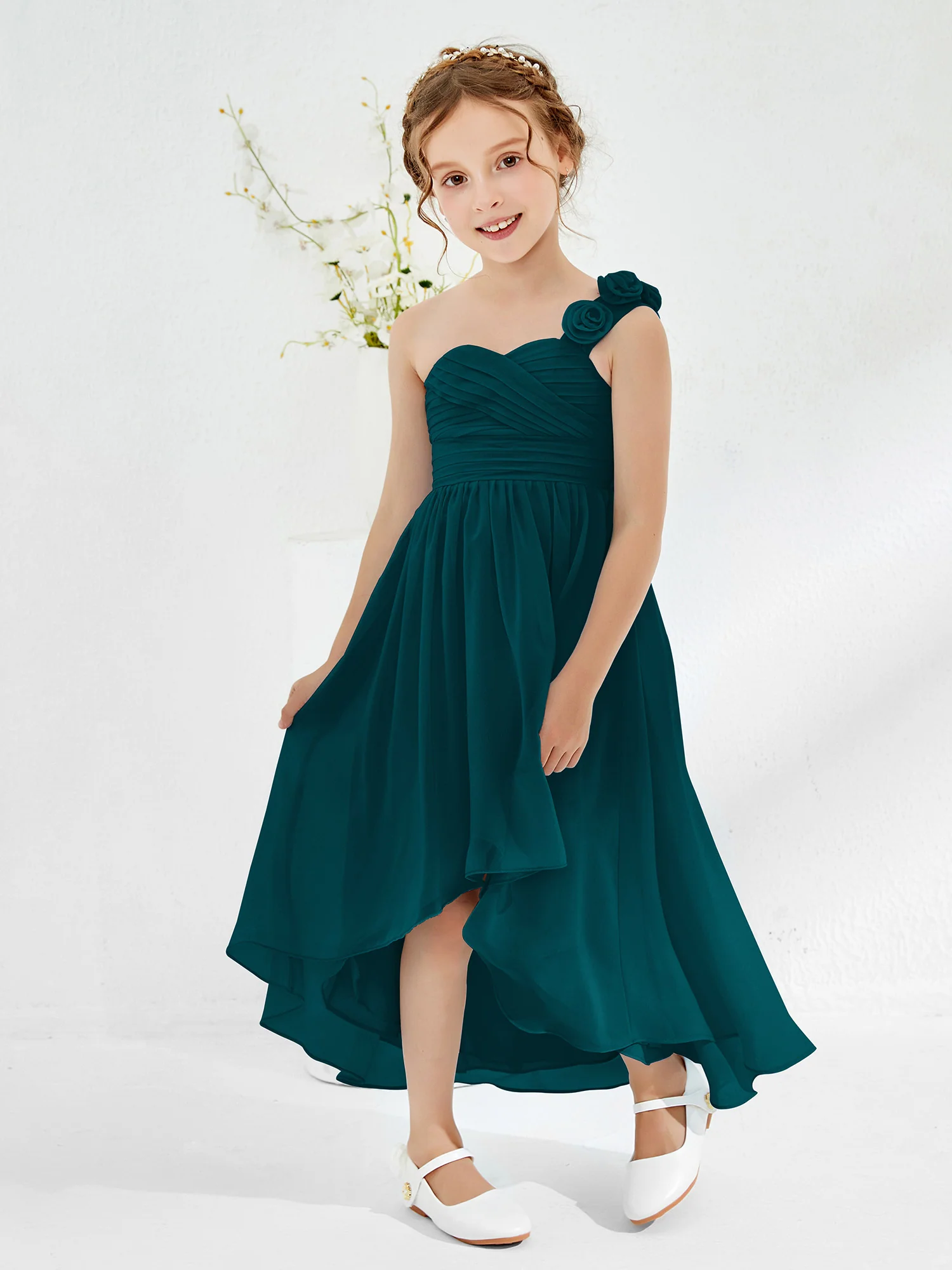 One Flower Shoulder Asymmetrical Junior Bridesmaid Dresses Pine