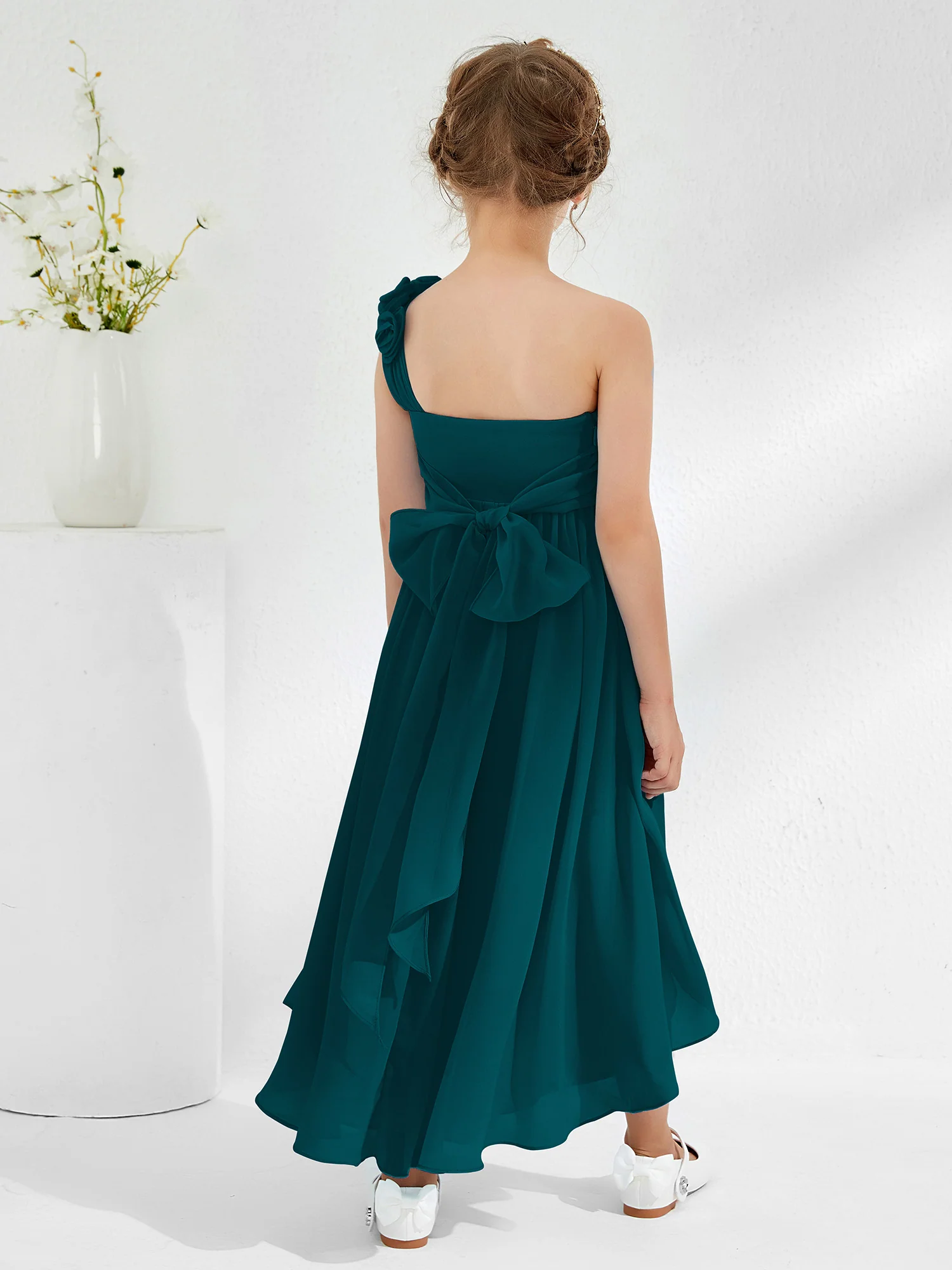 One Flower Shoulder Asymmetrical Junior Bridesmaid Dresses Pine - Image 2