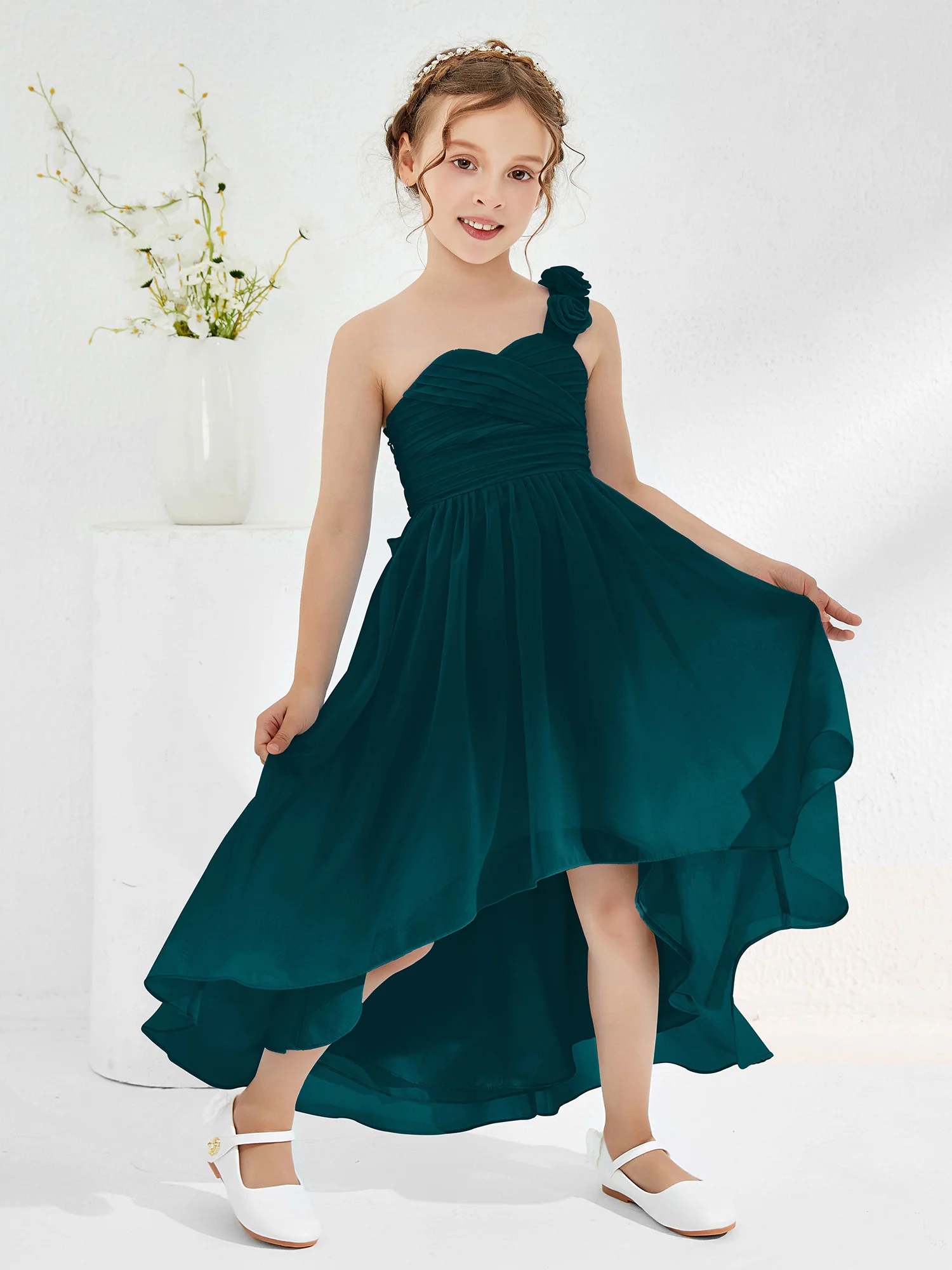 One Flower Shoulder Asymmetrical Junior Bridesmaid Dresses Pine - Image 3