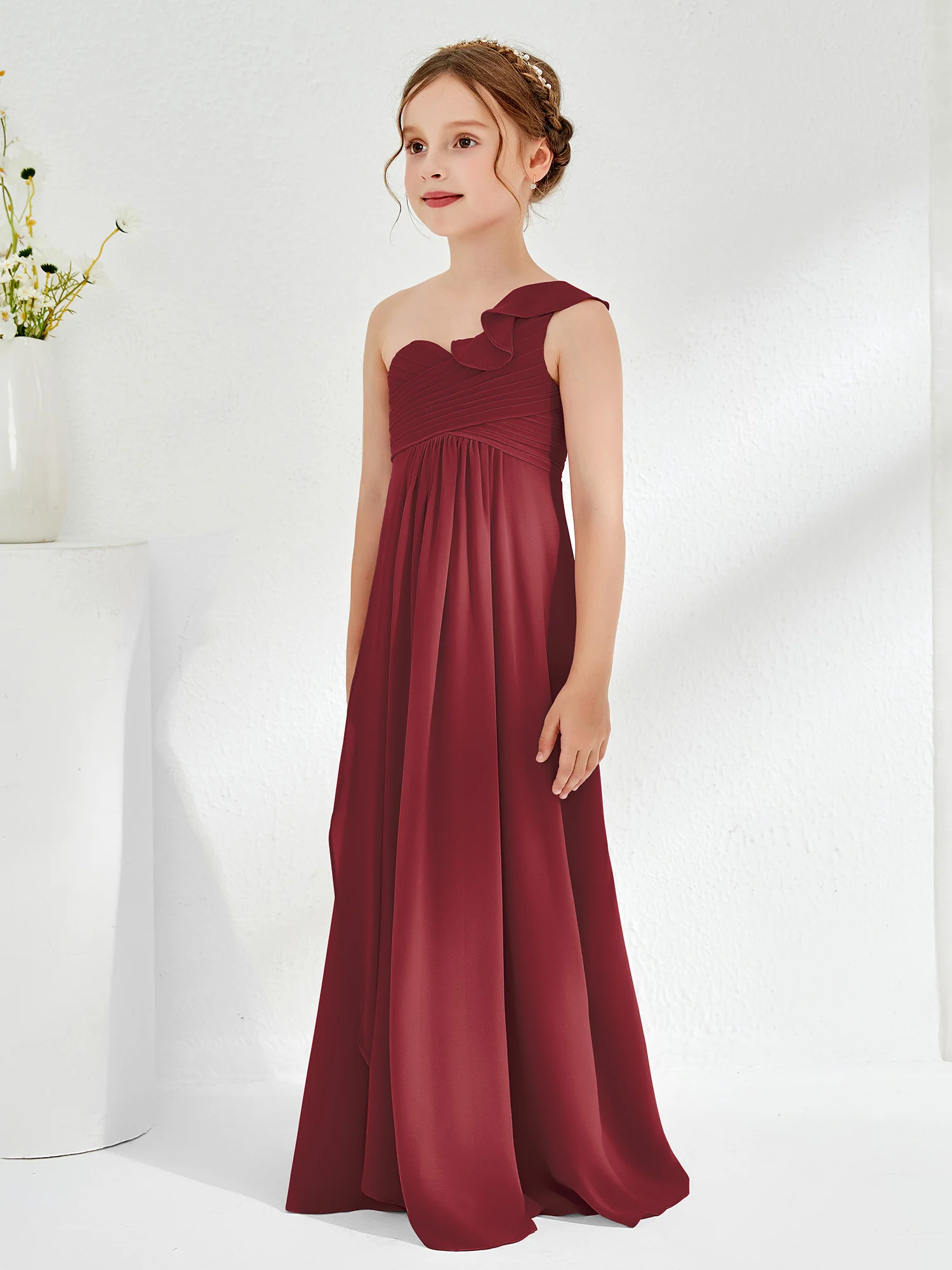 One ruffle Shoulder Junior Bridesmaid Dresses Cinnamon Rose - Image 3
