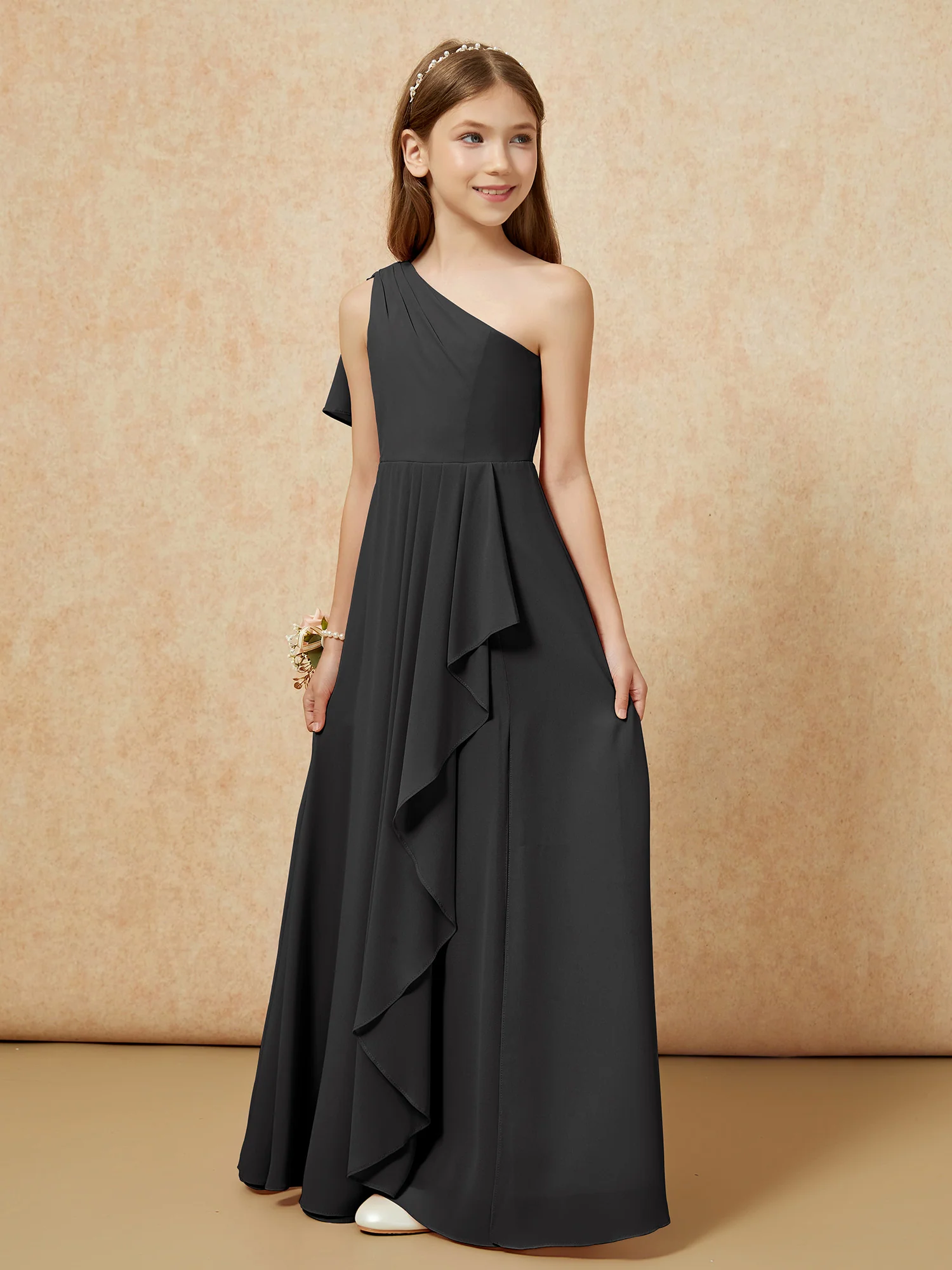 One Sholder A-line Long Chiffon Junior Bridesmaid Dress Black - Image 5